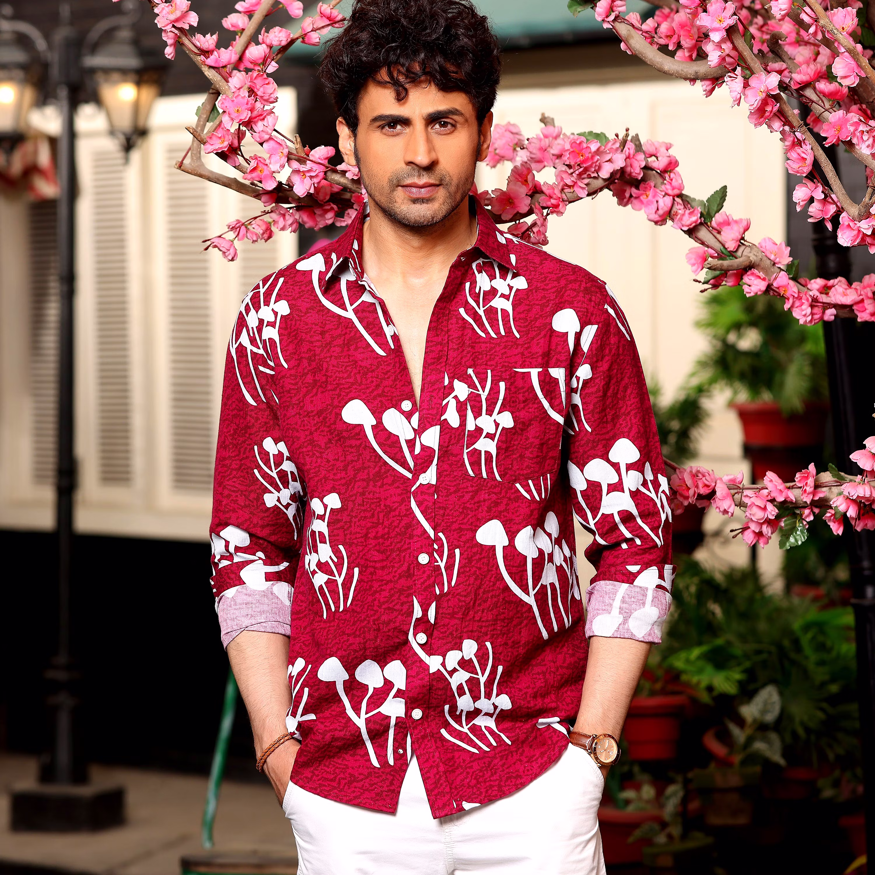 Sophisticated Men Mushroom Bunch Scarlet Maroon Casual Pure Linen Full Shirt (Size - S) by BLUE 