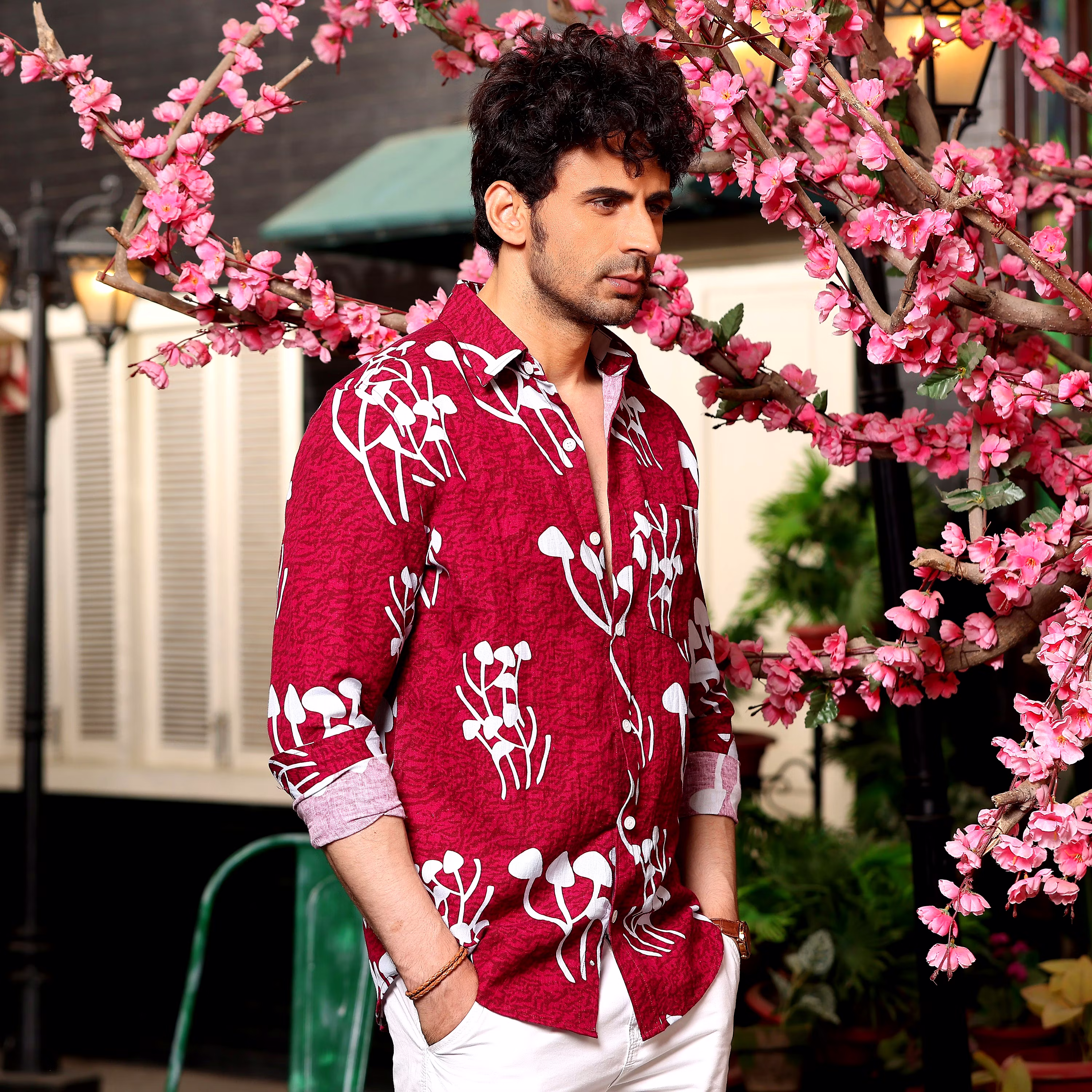 Sophisticated Men Mushroom Bunch Scarlet Maroon Casual Pure Linen Full Shirt (Size - S) by BLUE 