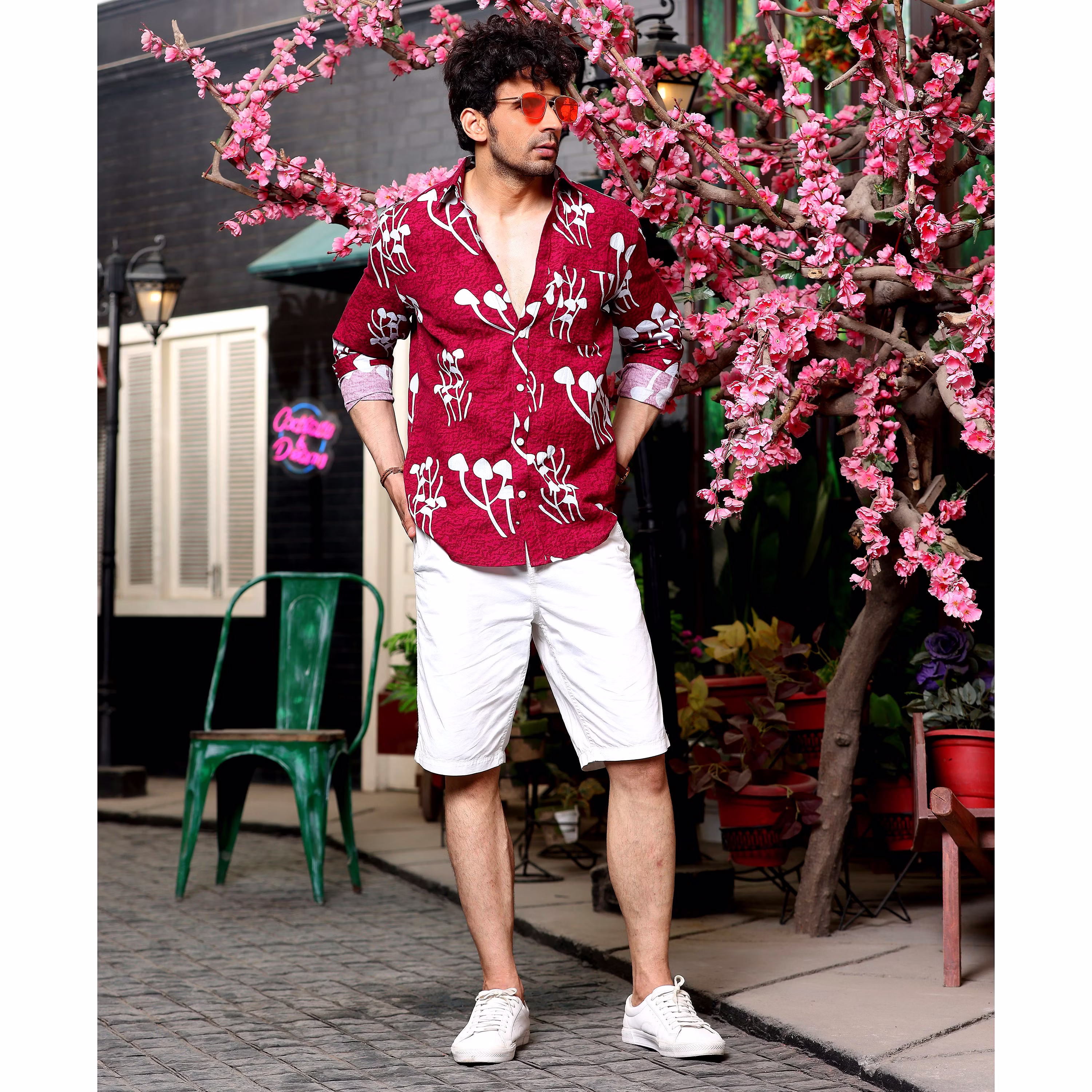Sophisticated Men Mushroom Bunch Scarlet Maroon Casual Pure Linen Full Shirt (Size - S) by BLUE 