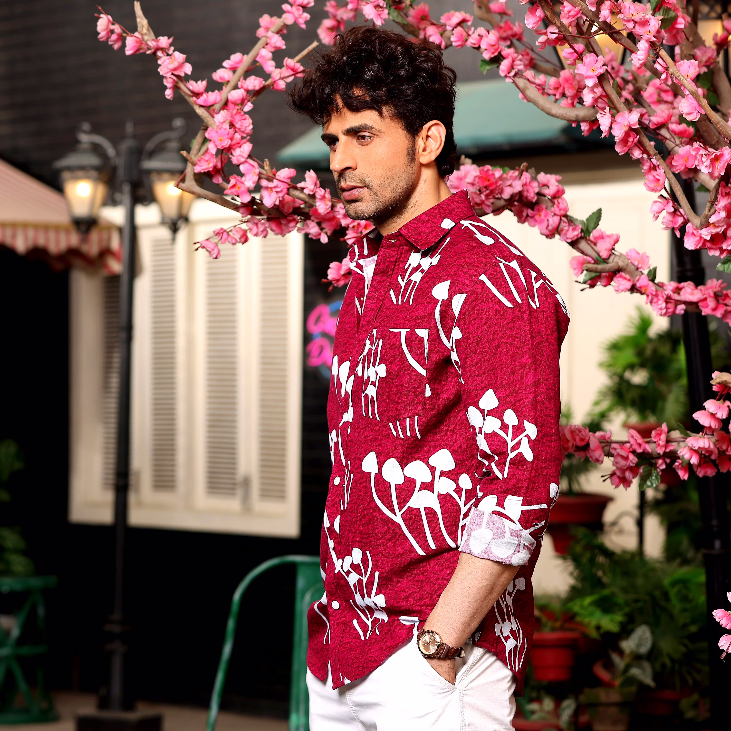 Sophisticated Men Mushroom Bunch Scarlet Maroon Casual Pure Linen Full Shirt (Size - S) by BLUE 