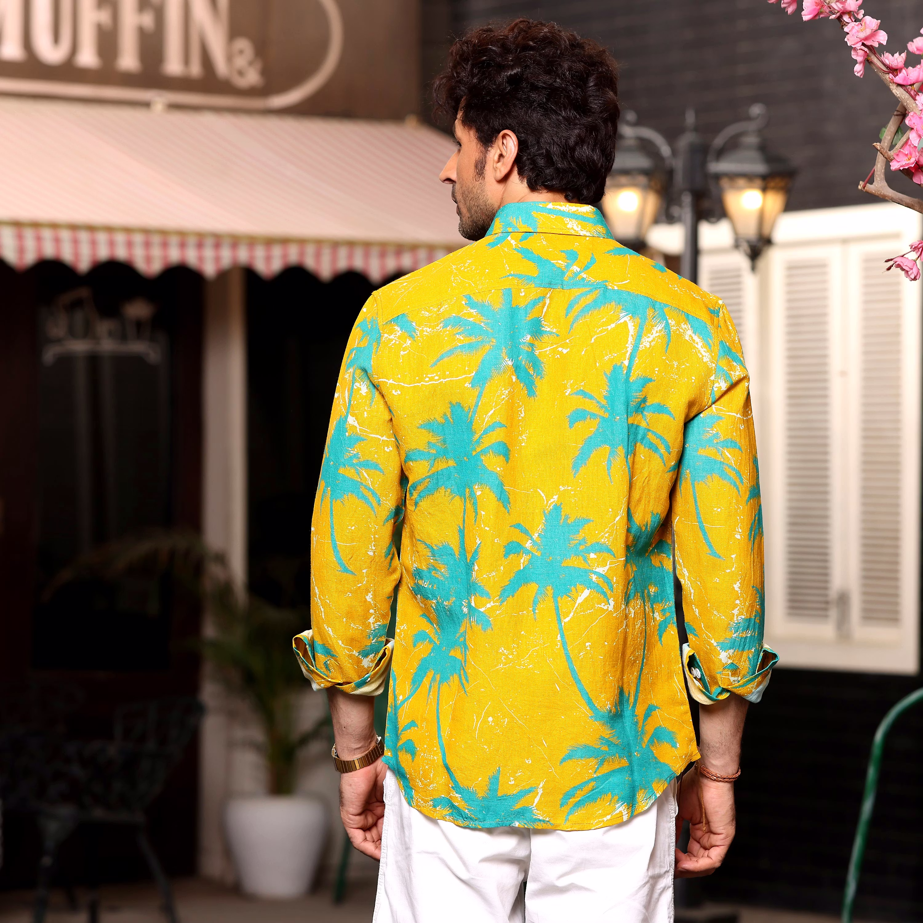 Trendy Men Coconut Tree Cyber Yellow Casual Pure Linen Full Shirt (Size - S) by BLUE EAGLE 2025 