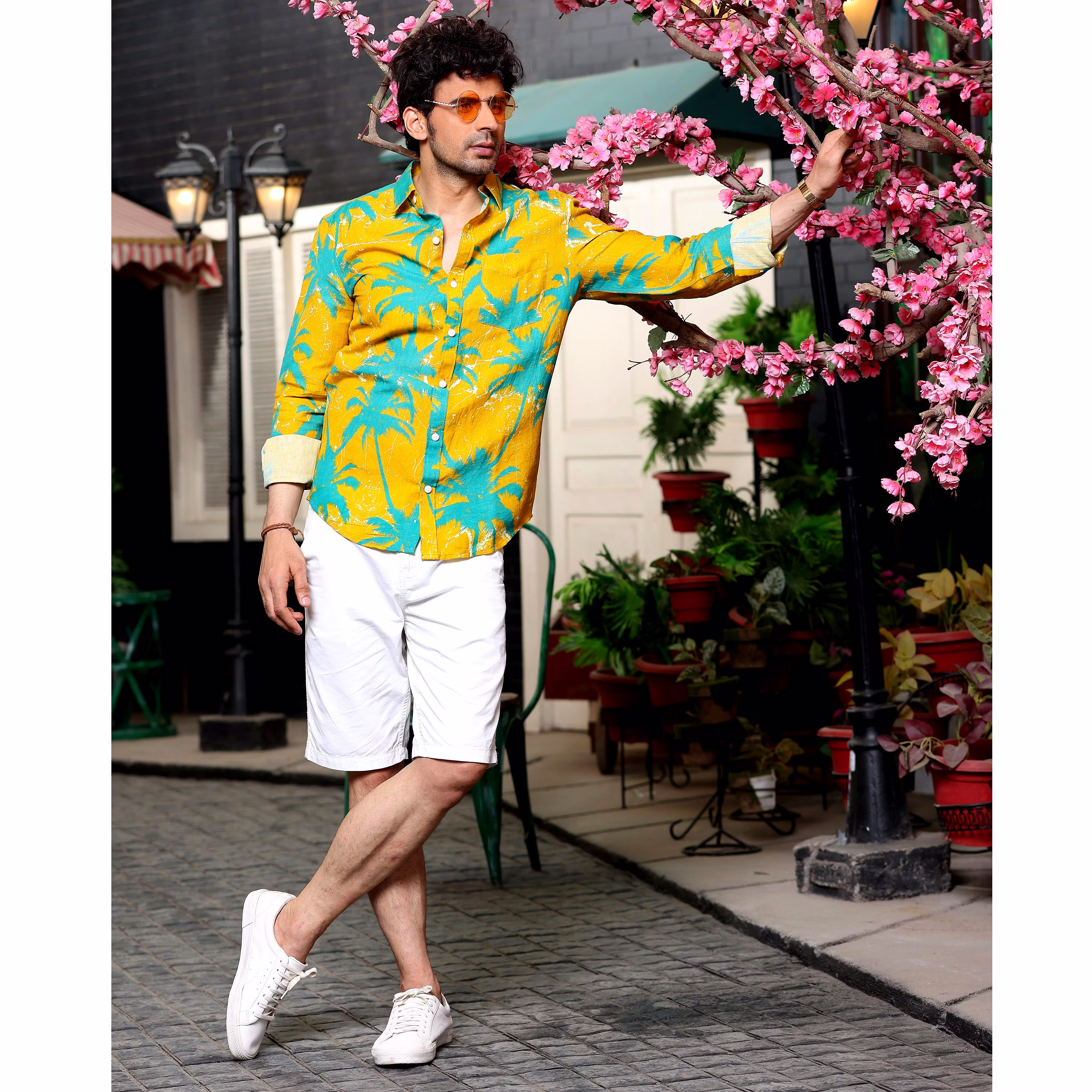 Trendy Men Coconut Tree Cyber Yellow Casual Pure Linen Full Shirt (Size - S) by BLUE EAGLE 2025 