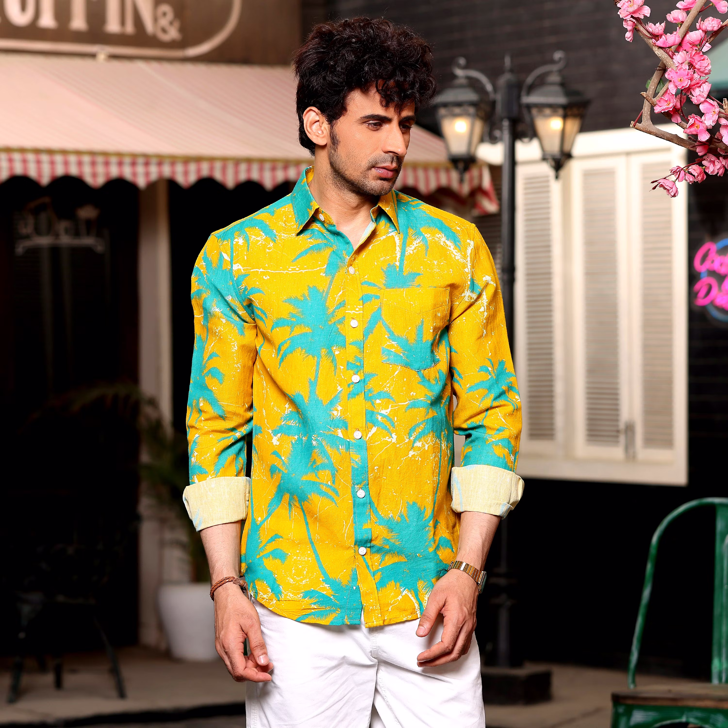 Trendy Men Coconut Tree Cyber Yellow Casual Pure Linen Full Shirt (Size - S) by BLUE EAGLE 2025 