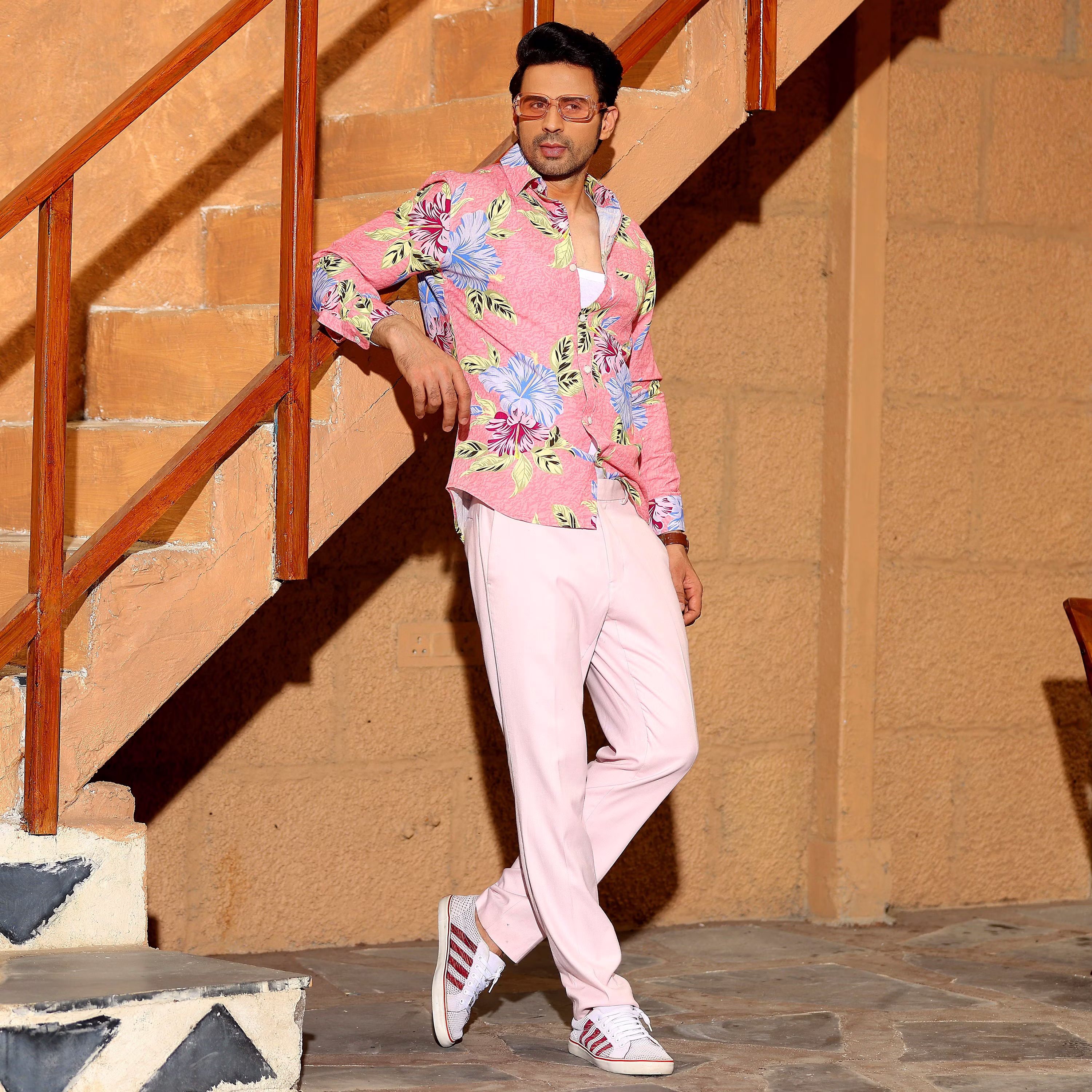 Chic Men Hibiscus Flower Salmon Pink Casual Full Shirt (Size - S) by BLUE EAGLE 2025 at ShopCirc