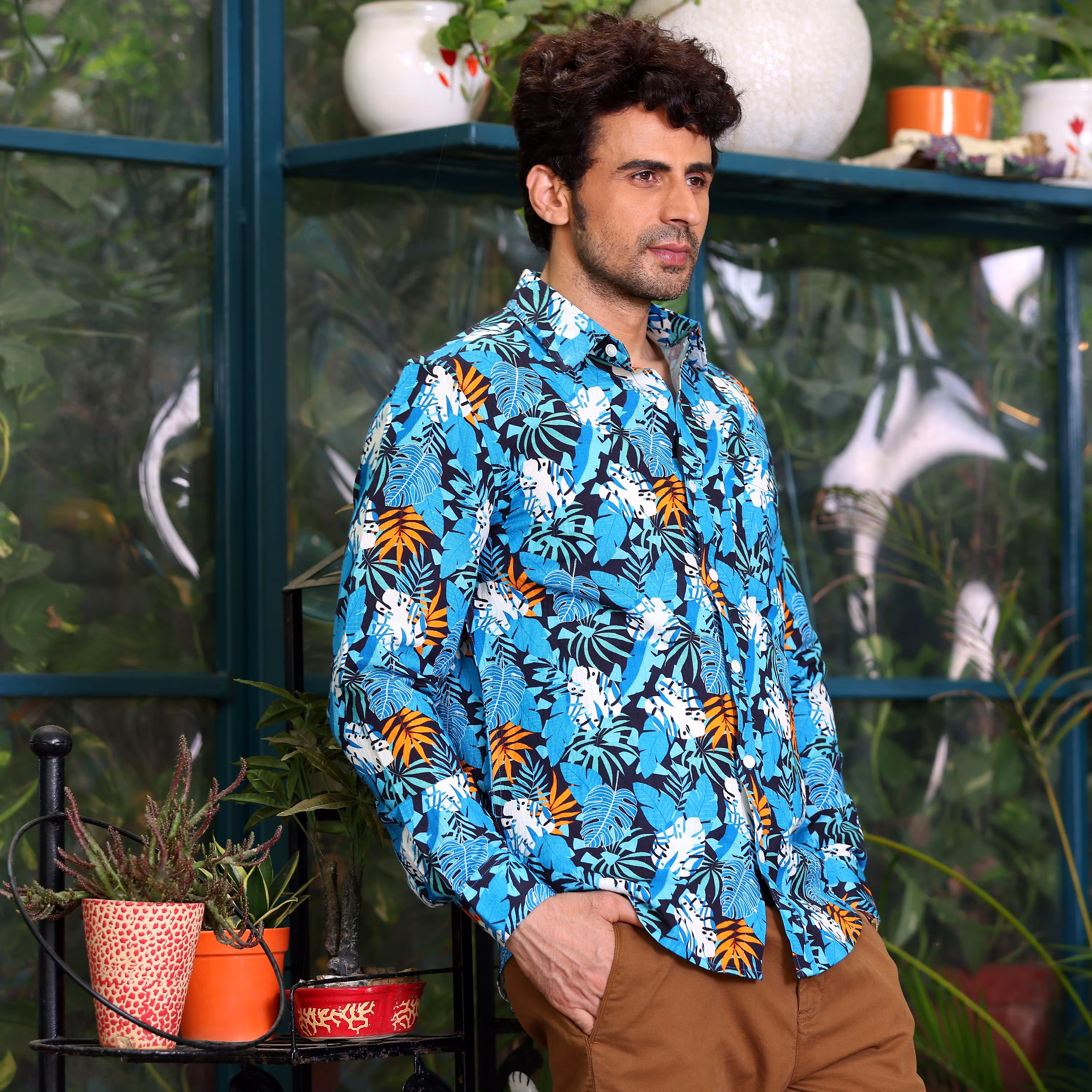 Exclusive Men Philodendron Selloum Plant Blue Casual Pure Linen Full Shirt (Size - S) by BLUE EA