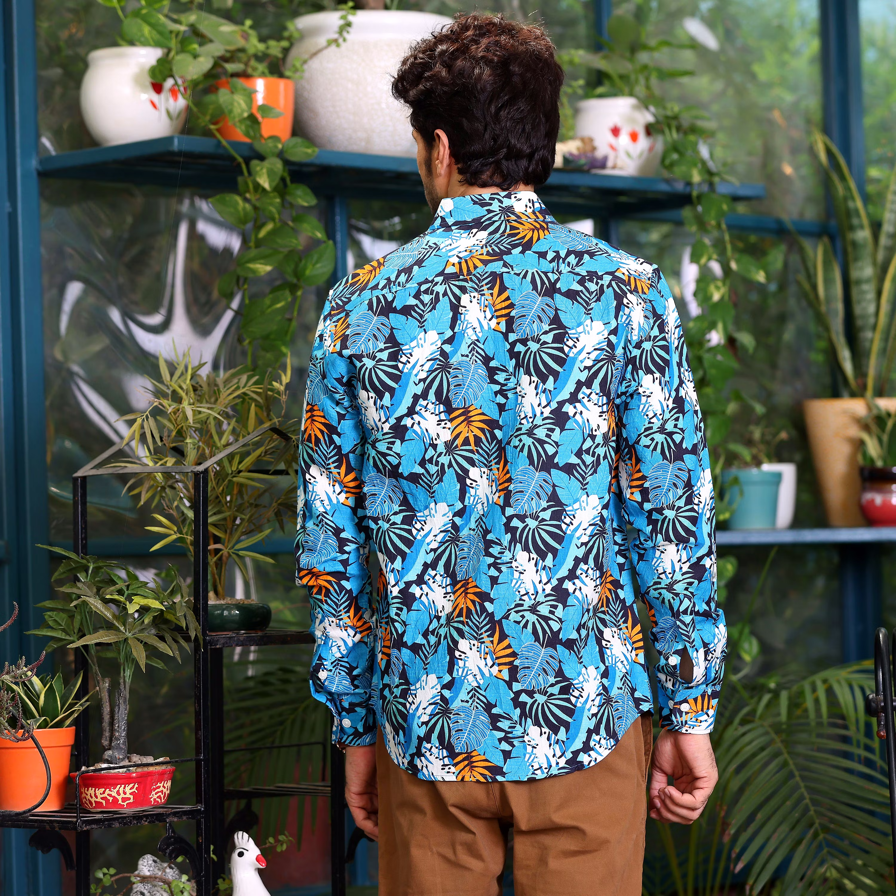 Exclusive Men Philodendron Selloum Plant Blue Casual Pure Linen Full Shirt (Size - S) by BLUE EA