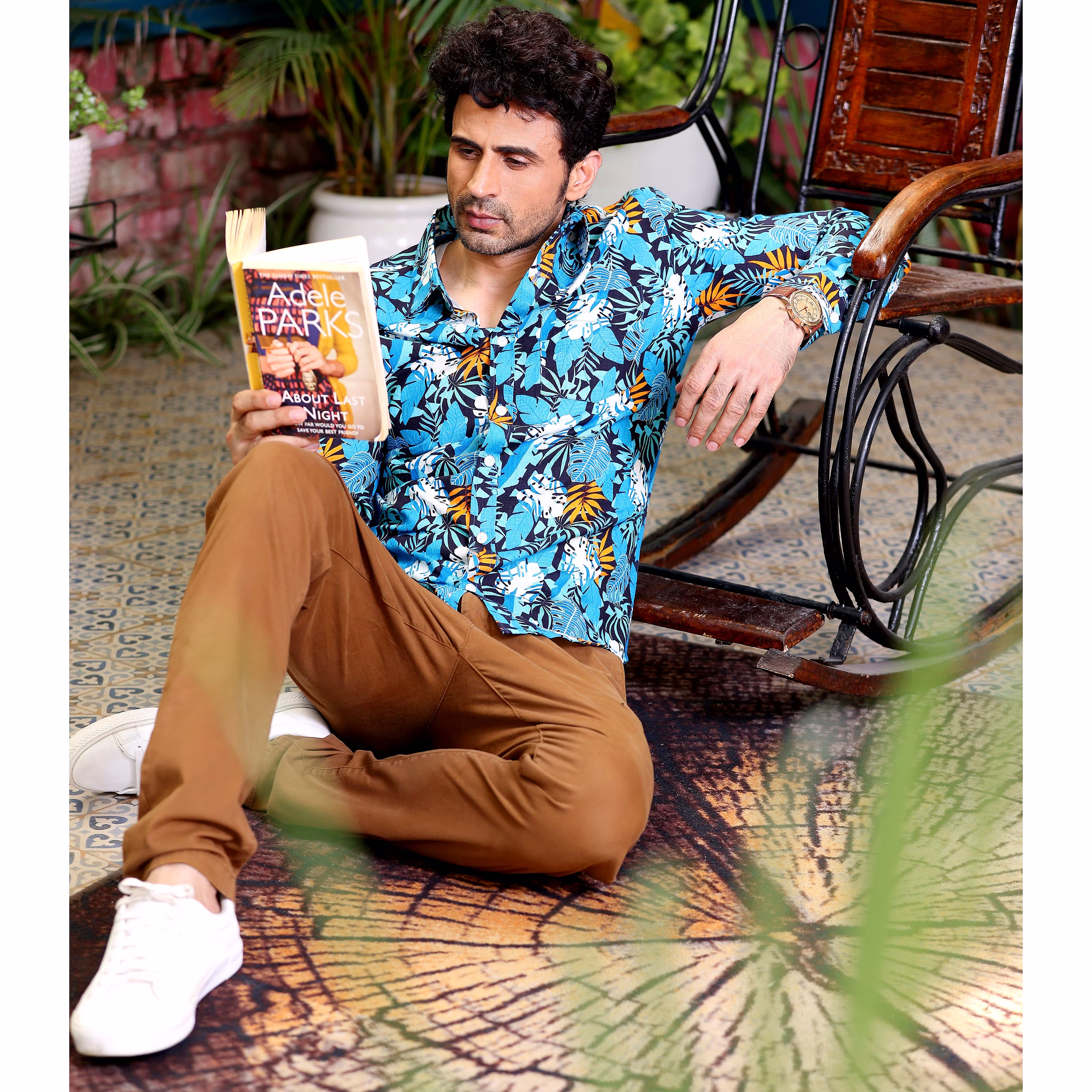 Exclusive Men Philodendron Selloum Plant Blue Casual Pure Linen Full Shirt (Size - S) by BLUE EA