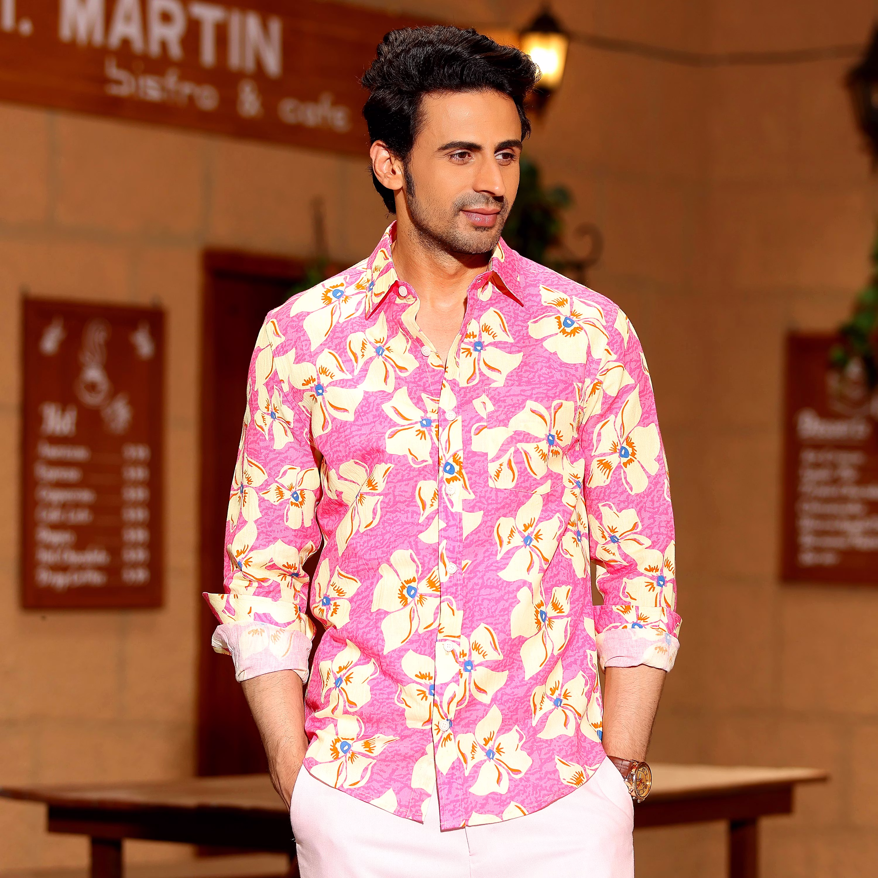 Stylish Men Lilac Persian Pink Casual Pure Linen Full Shirt (Size - S) by BLUE EAGLE 2025 at Sho