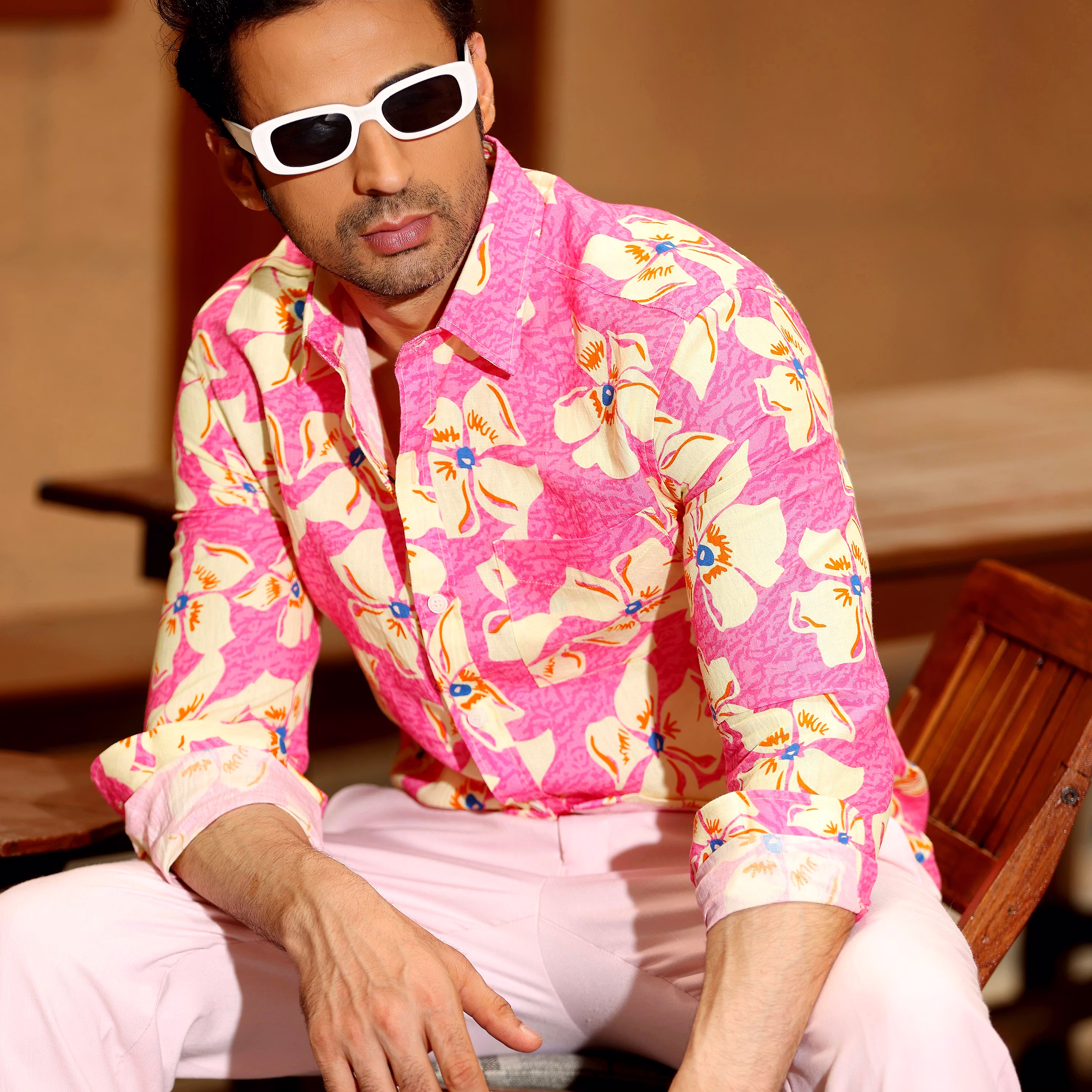 Stylish Men Lilac Persian Pink Casual Pure Linen Full Shirt (Size - S) by BLUE EAGLE 2025 at Sho