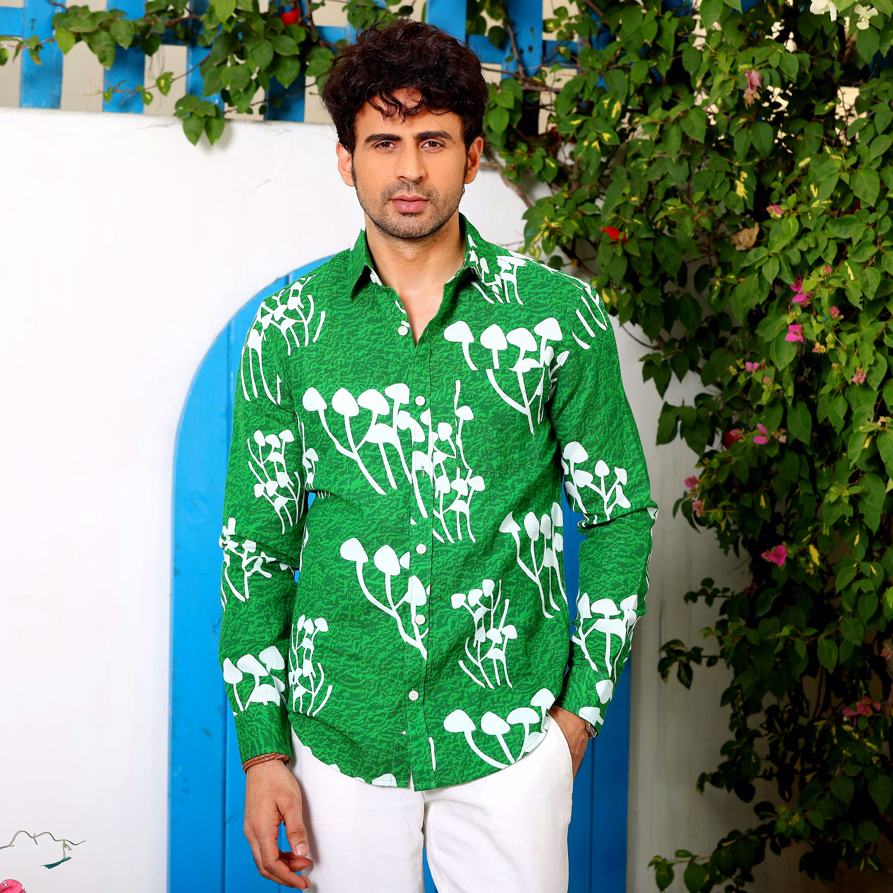 Affordable Men Mushroom Bunch Cool Green Casual Pure Linen Full Shirt (Size - S) by BLUE EAGLE 2