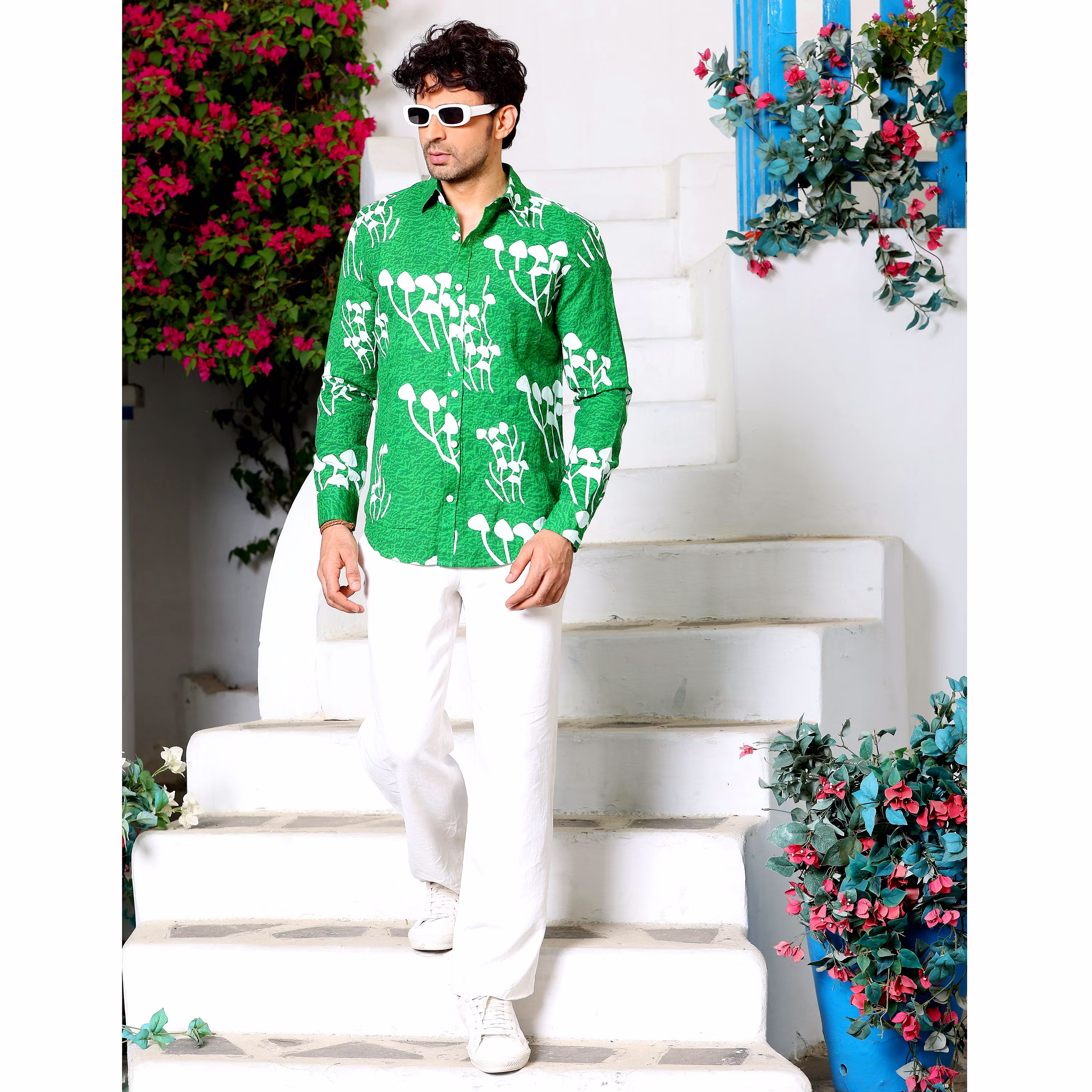 Affordable Men Mushroom Bunch Cool Green Casual Pure Linen Full Shirt (Size - S) by BLUE EAGLE 2