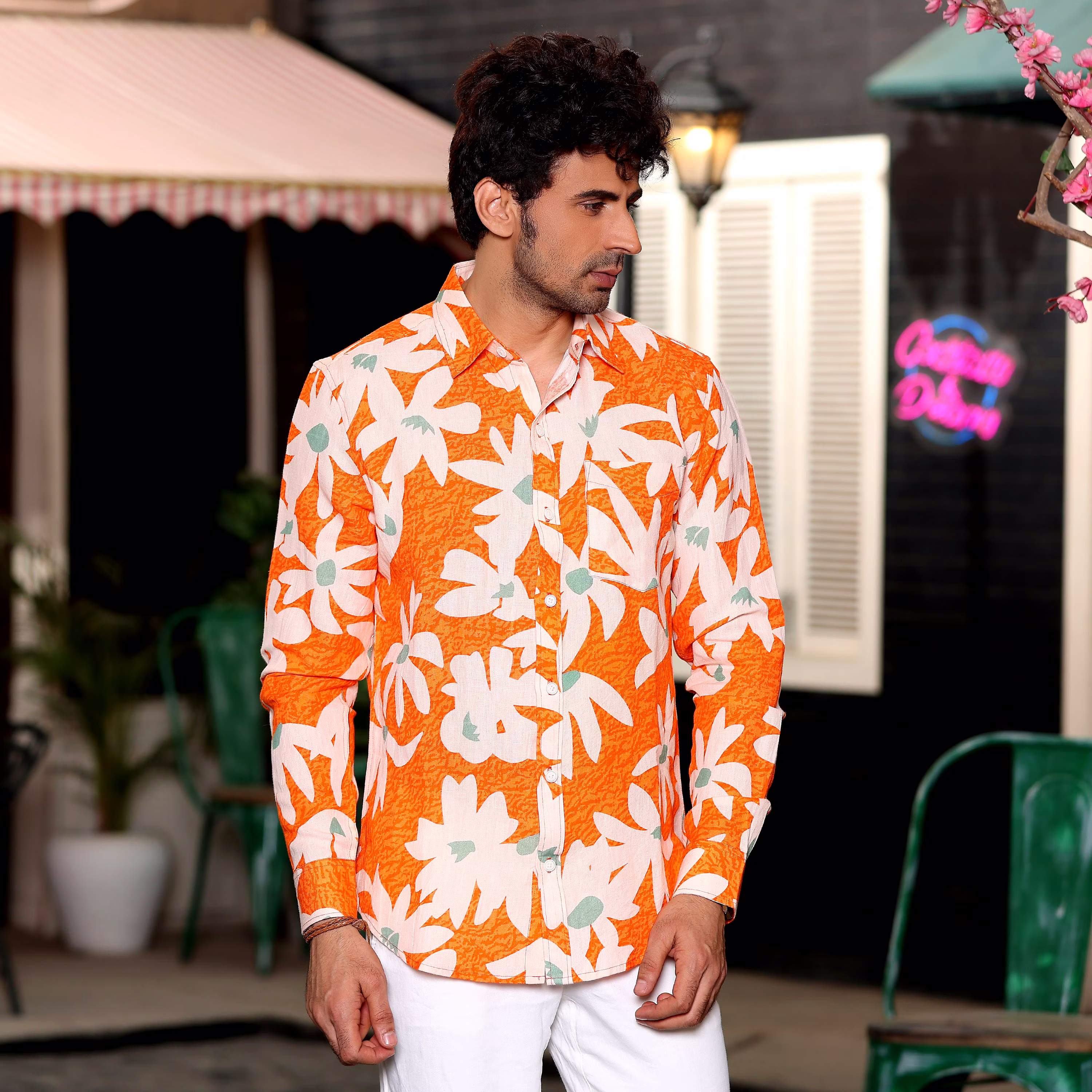 Top Men Lily Flower Orange Casual Pure Linen Full Shirt (Size - S) by BLUE EAGLE 2025 at ShopCir