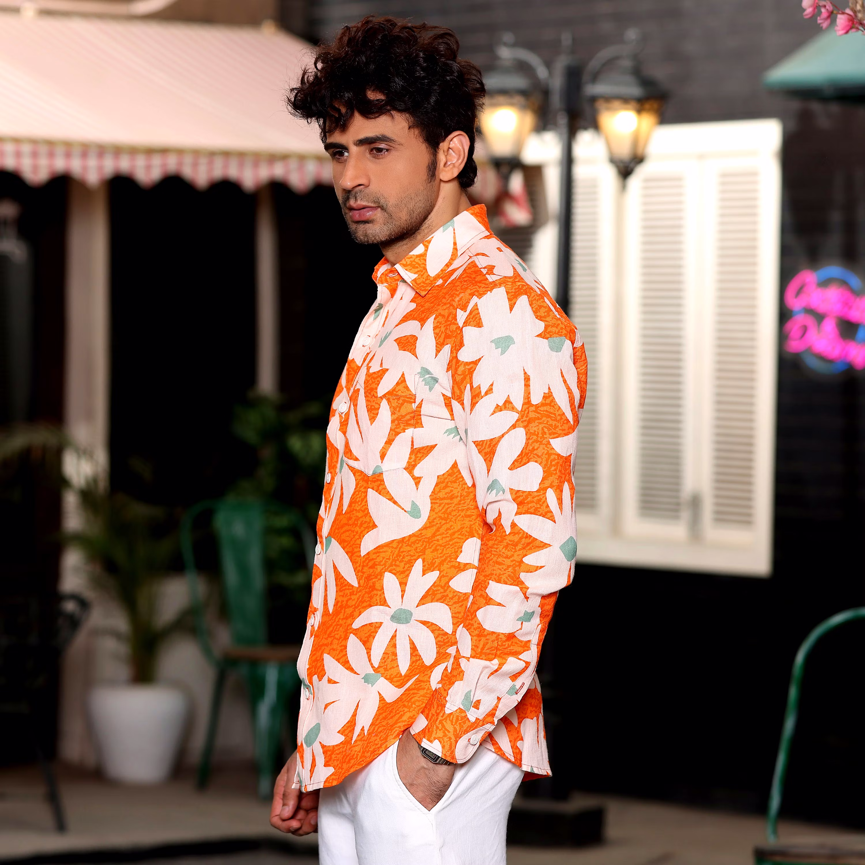Top Men Lily Flower Orange Casual Pure Linen Full Shirt (Size - S) by BLUE EAGLE 2025 at ShopCir