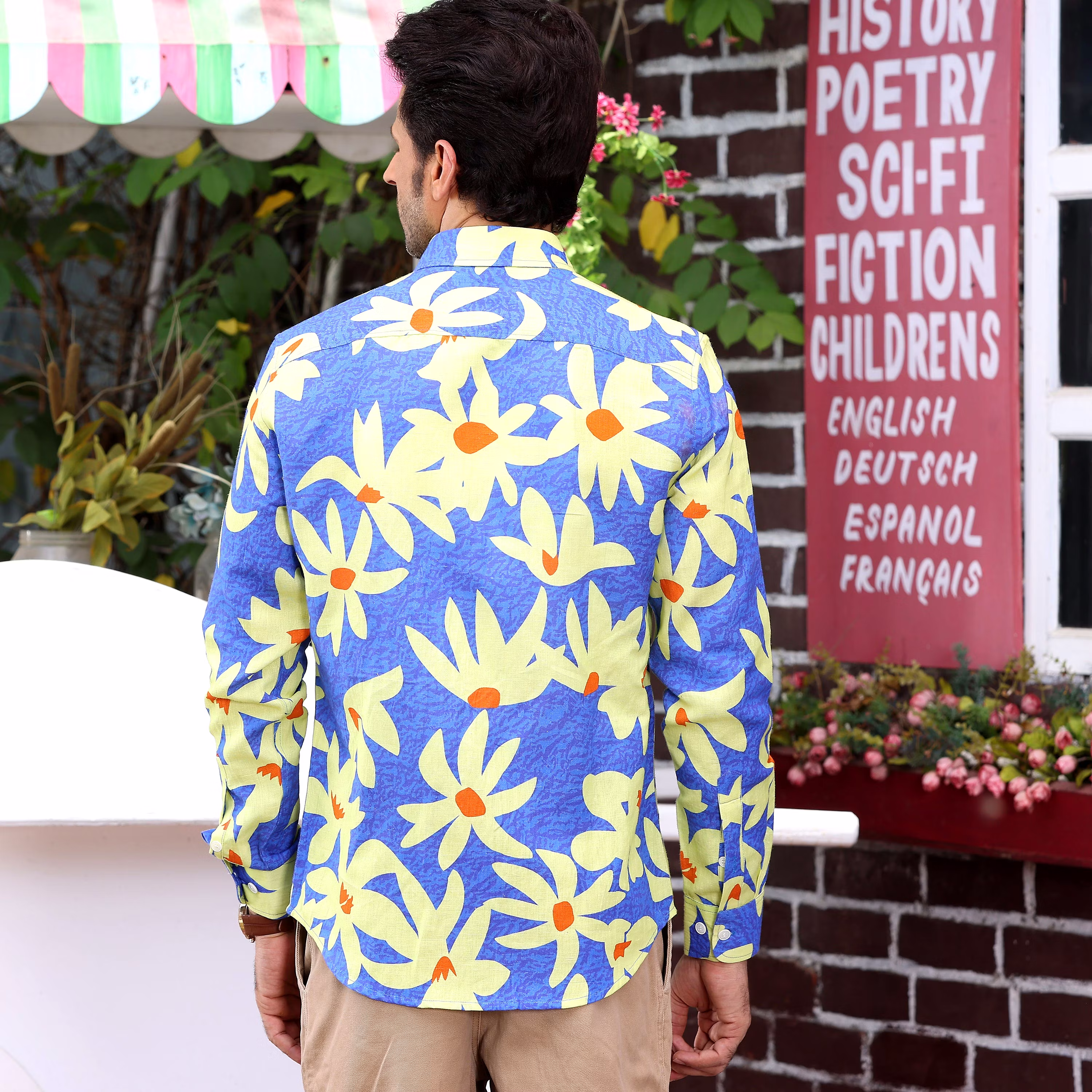 Premium Men Lily Flower Dodger Blue Casual Pure Linen Full Shirt (Size - S) by BLUE EAGLE 2025 a