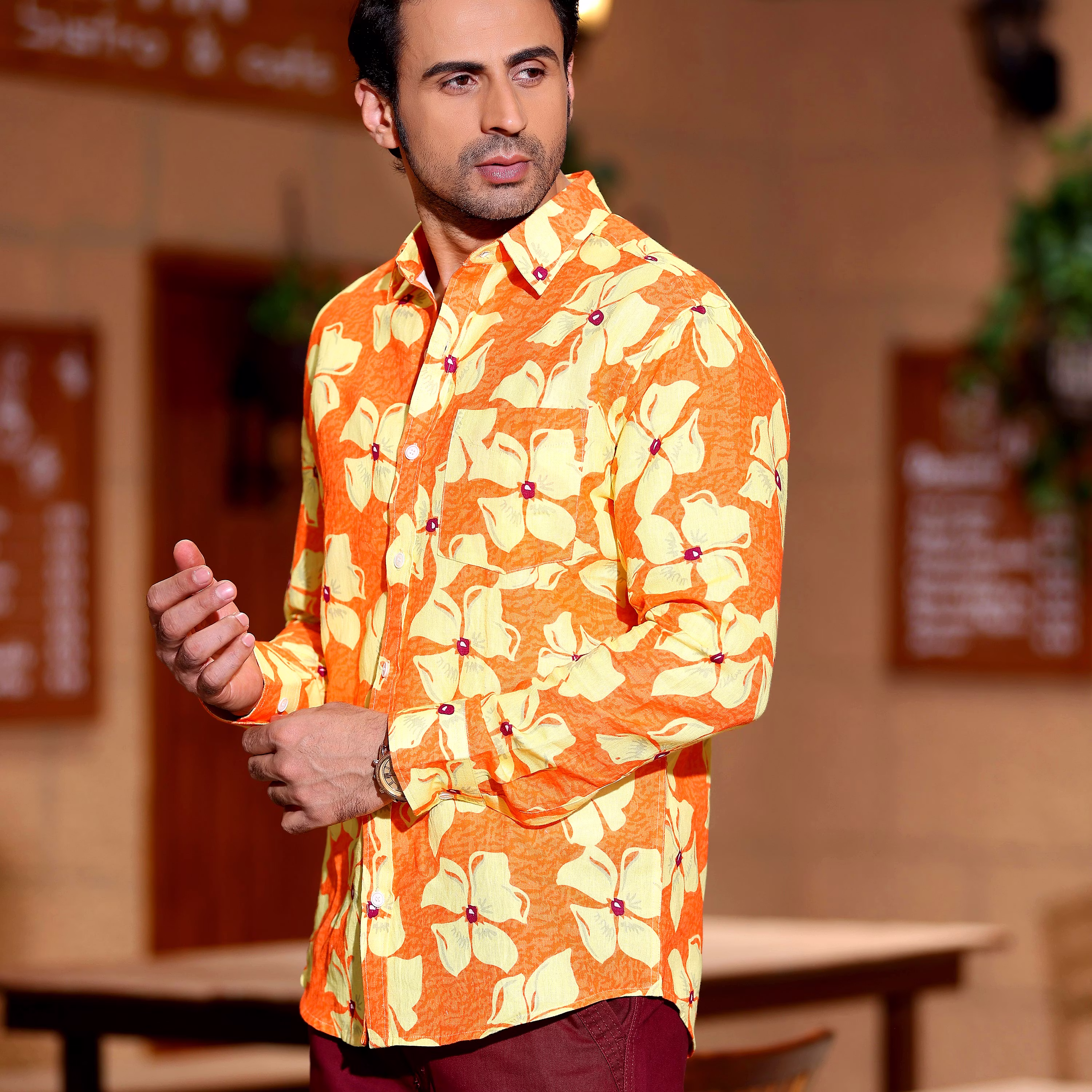 Stylish Men Lilac Tangerine Orange Casual Pure Linen Full Shirt (Size - S) by BLUE EAGLE 2025 at