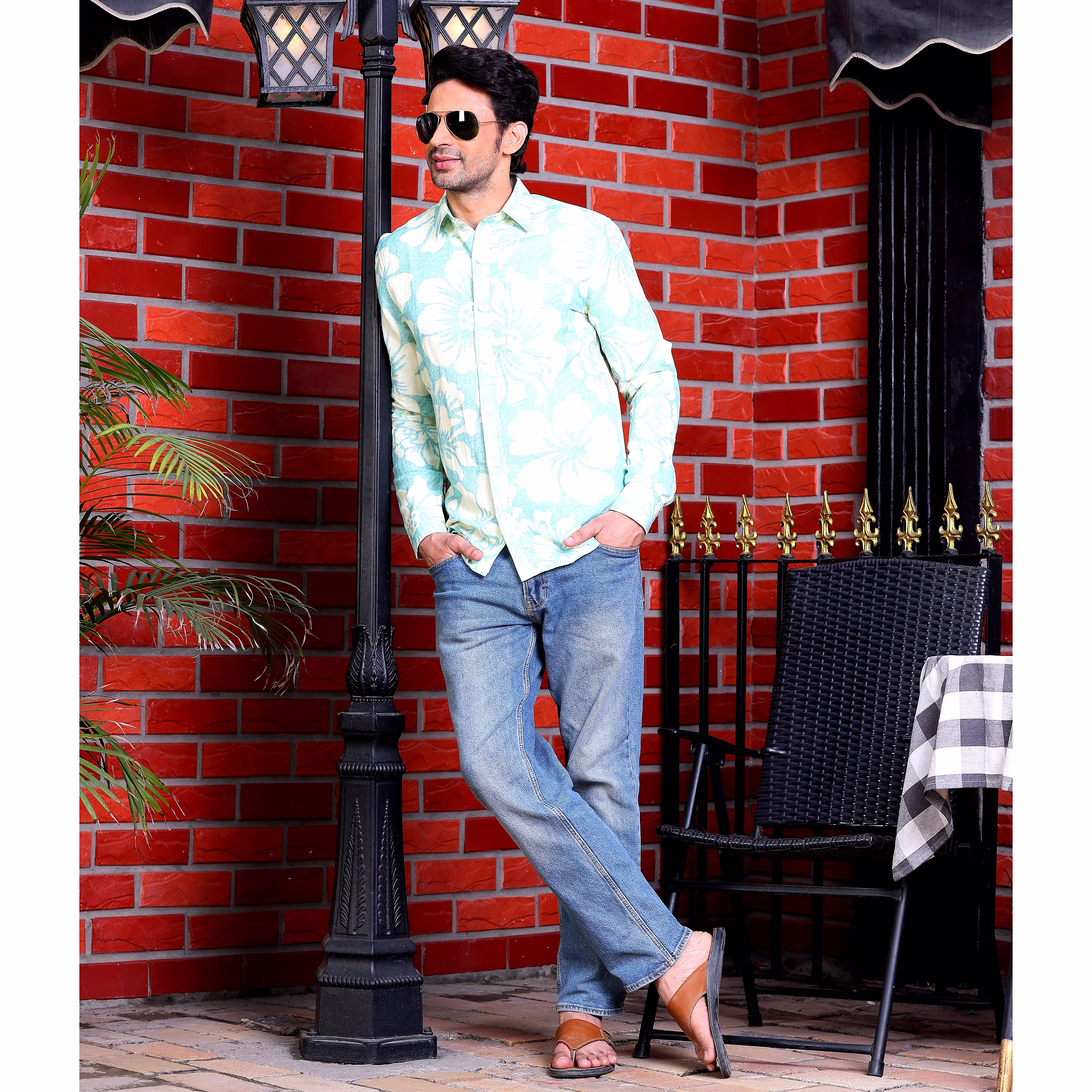 Luxurious Men Hibiscus Print Artic Blue Casual Pure Linen Full Shirt (Size - S) by BLUE EAGLE 20