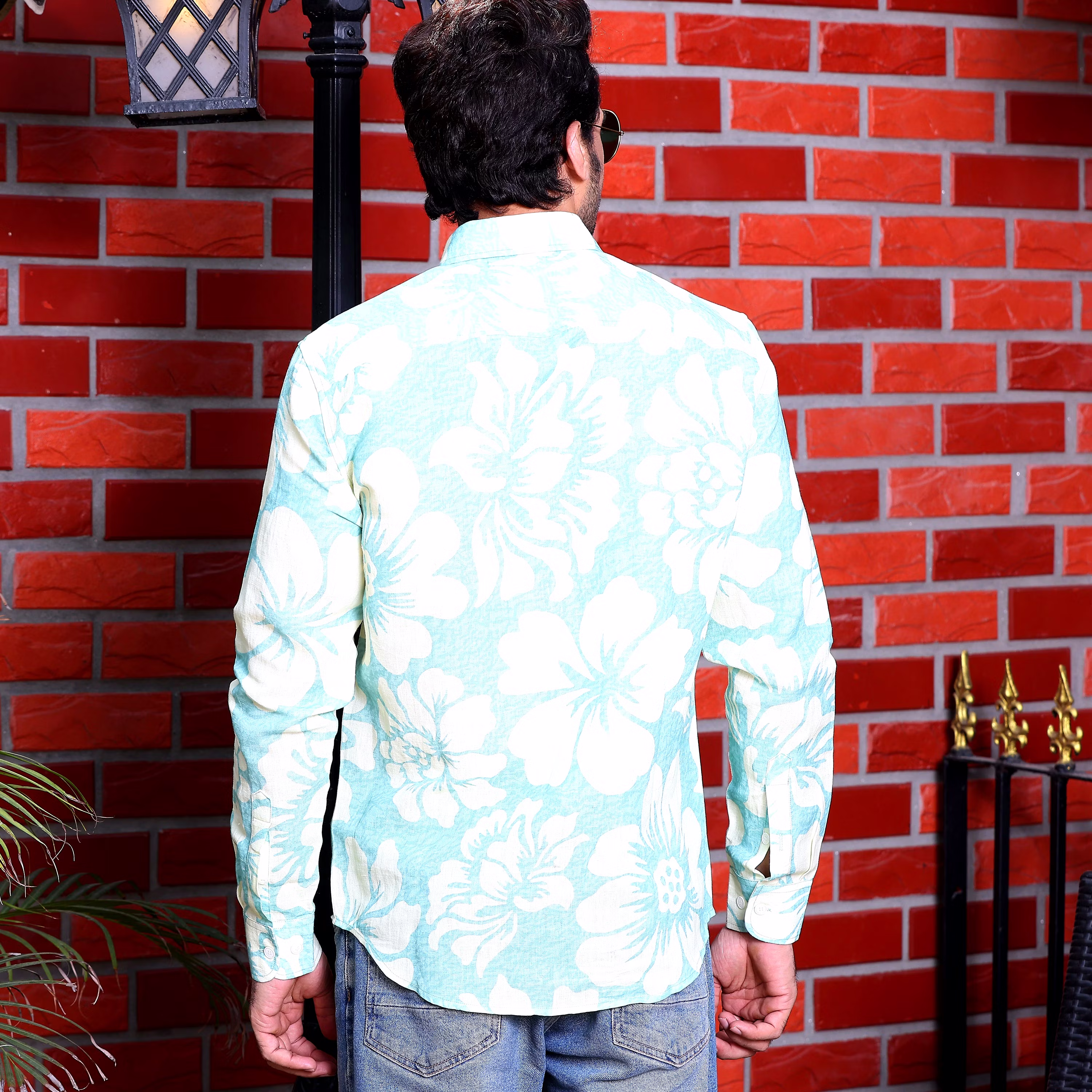 Luxurious Men Hibiscus Print Artic Blue Casual Pure Linen Full Shirt (Size - S) by BLUE EAGLE 20