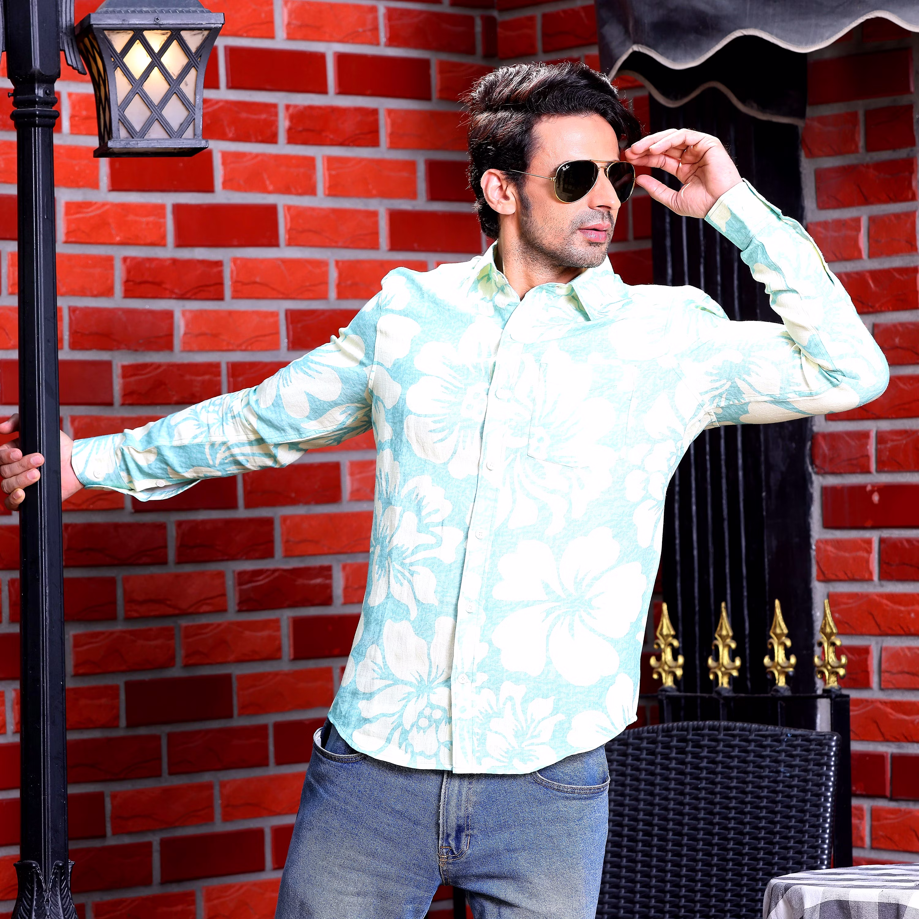 Luxurious Men Hibiscus Print Artic Blue Casual Pure Linen Full Shirt (Size - S) by BLUE EAGLE 20