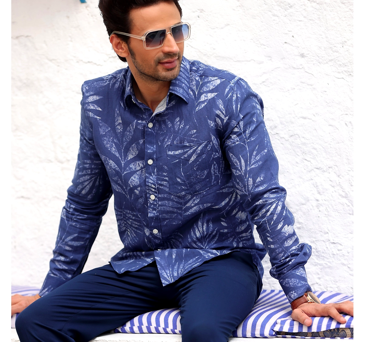 Cobalt Blue Tropical Leaves Casual Pure Linen Full Shirt BLUE EAGLE