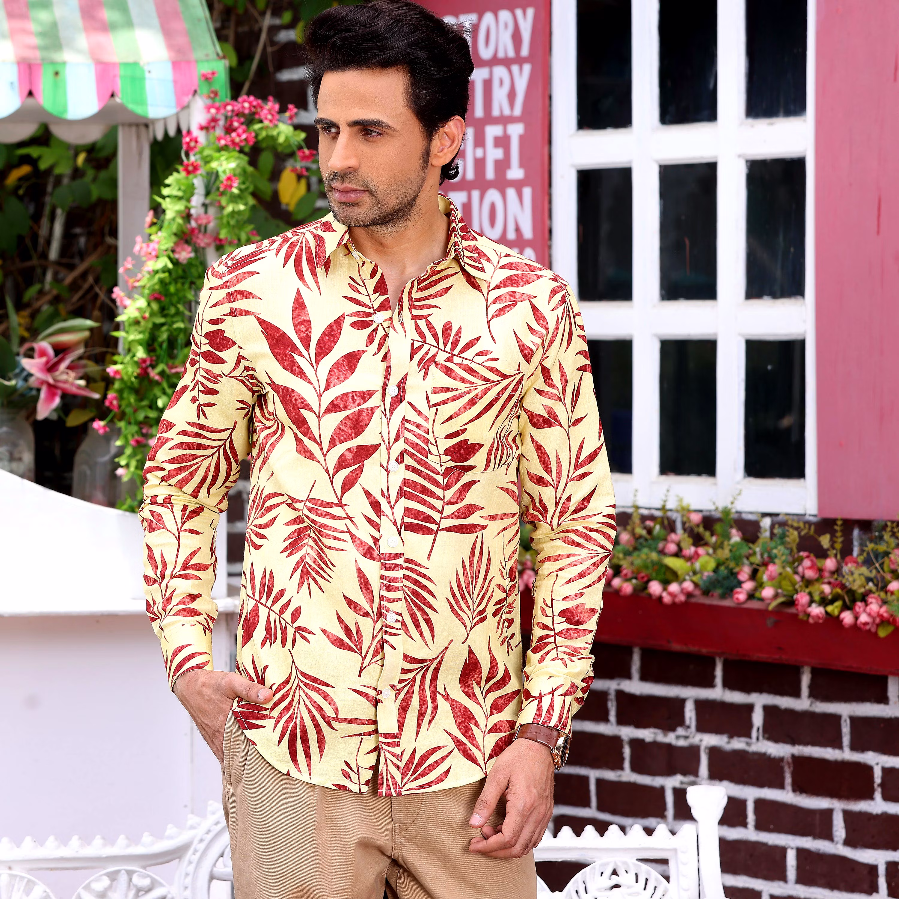 Top Men Ruby Red tropical Palm Crayola Lemon Casual Pure Linen Full Shirt (Size - S) by BLUE EAG
