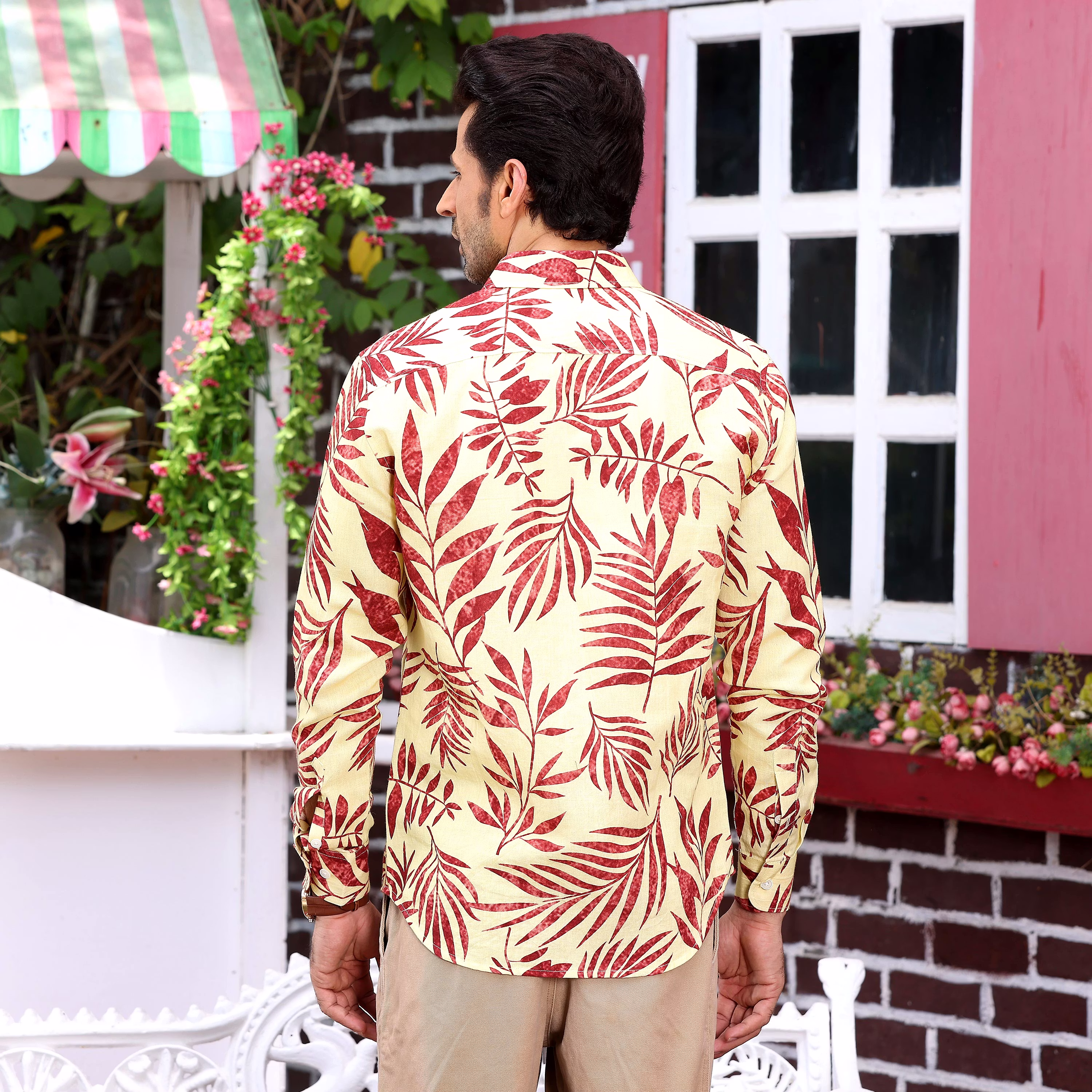 Top Men Ruby Red tropical Palm Crayola Lemon Casual Pure Linen Full Shirt (Size - S) by BLUE EAG