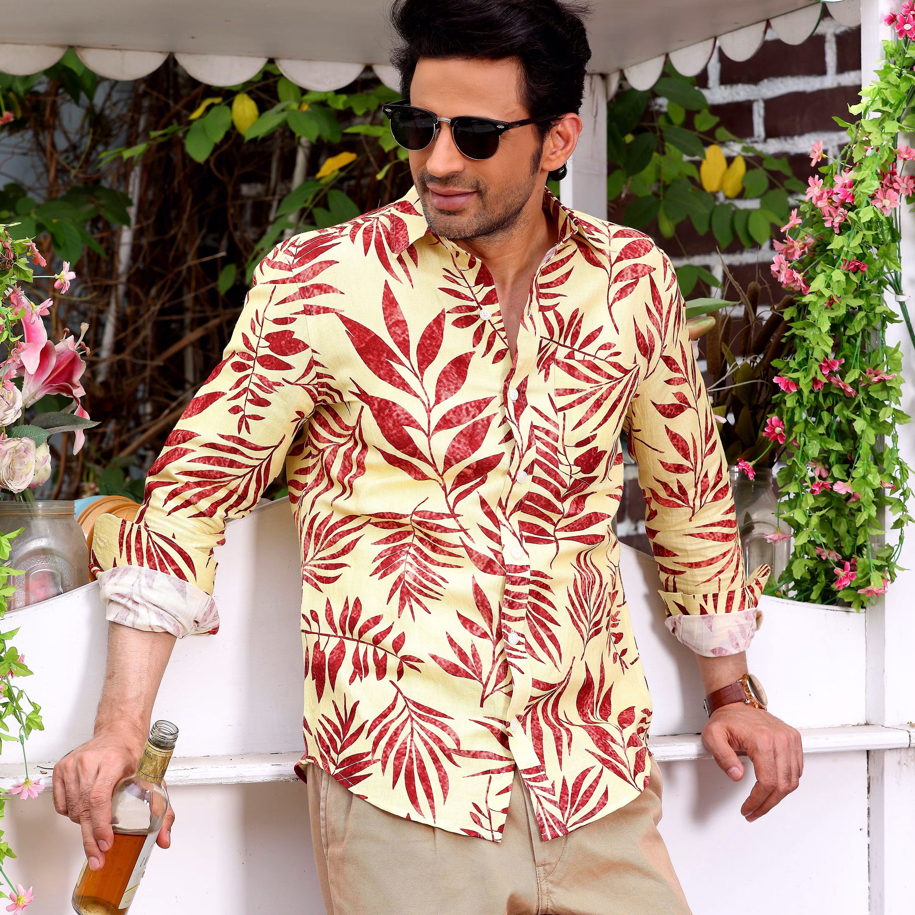 Top Men Ruby Red tropical Palm Crayola Lemon Casual Pure Linen Full Shirt (Size - S) by BLUE EAG