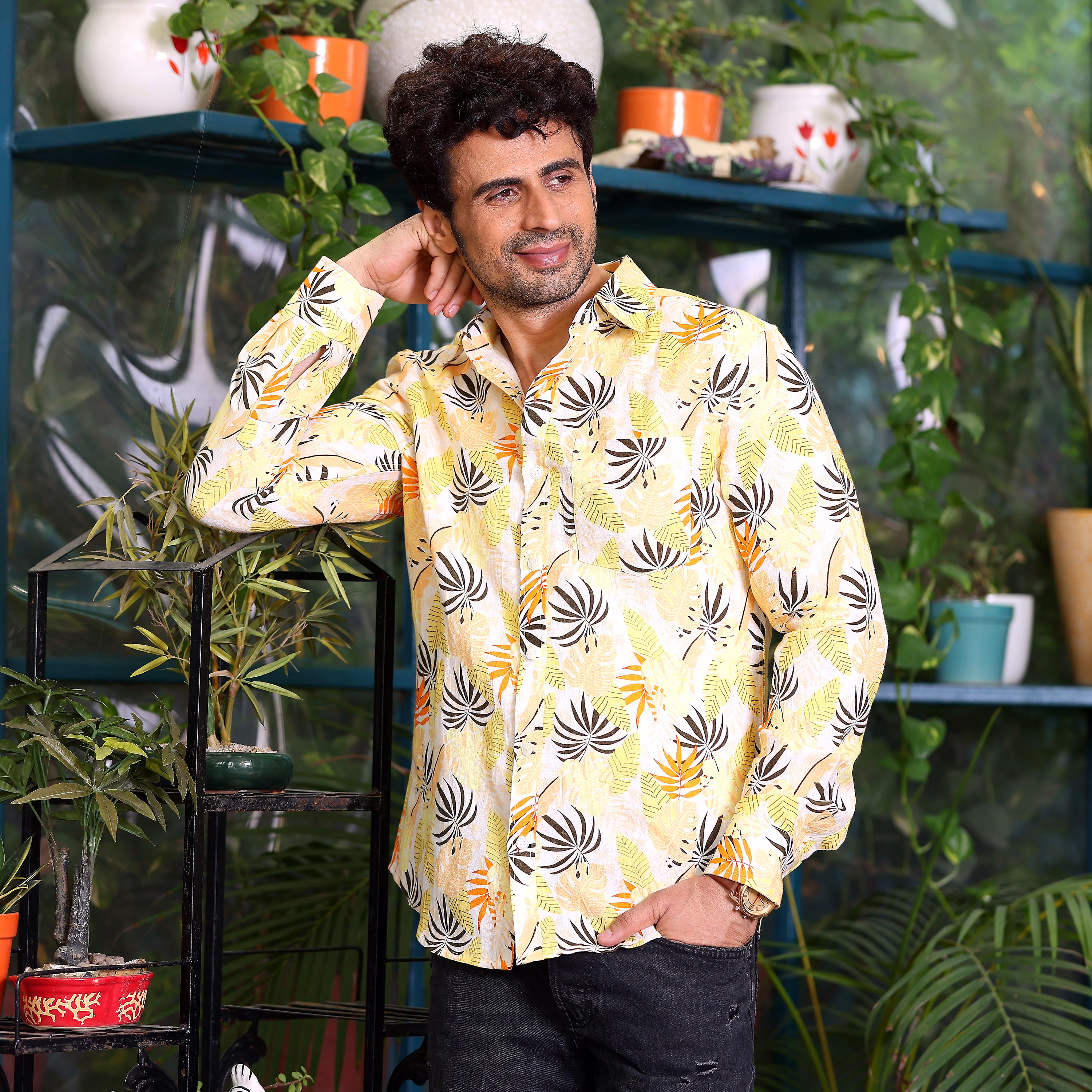 Philodendron Selloum Plant Lemon Casual Pure Linen Full Shirt image 1