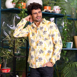 philodendron selloum plant lemon casual pure linen full shirt