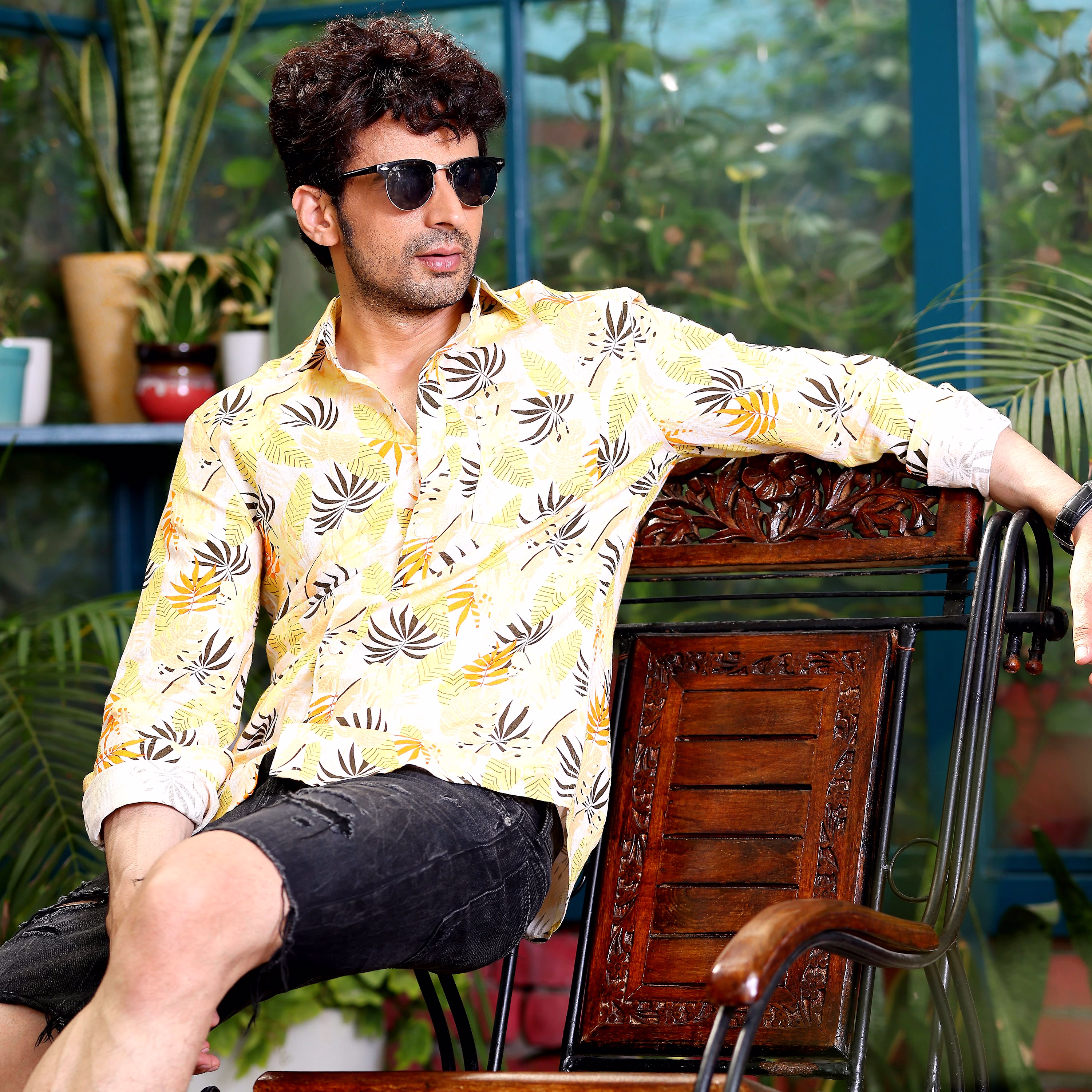 Philodendron Selloum Plant Lemon Casual Pure Linen Full Shirt image 2