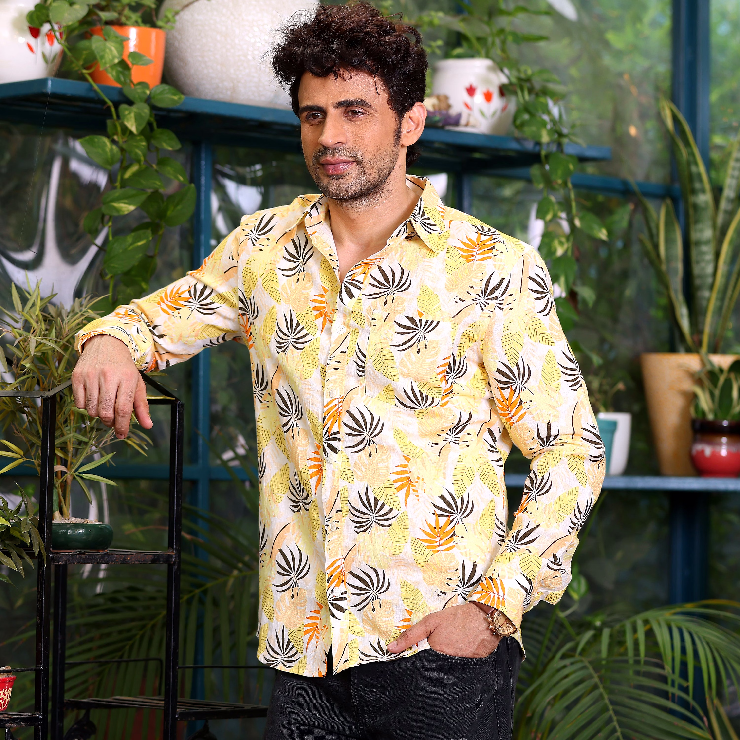 Philodendron Selloum Plant Lemon Casual Pure Linen Full Shirt image 3