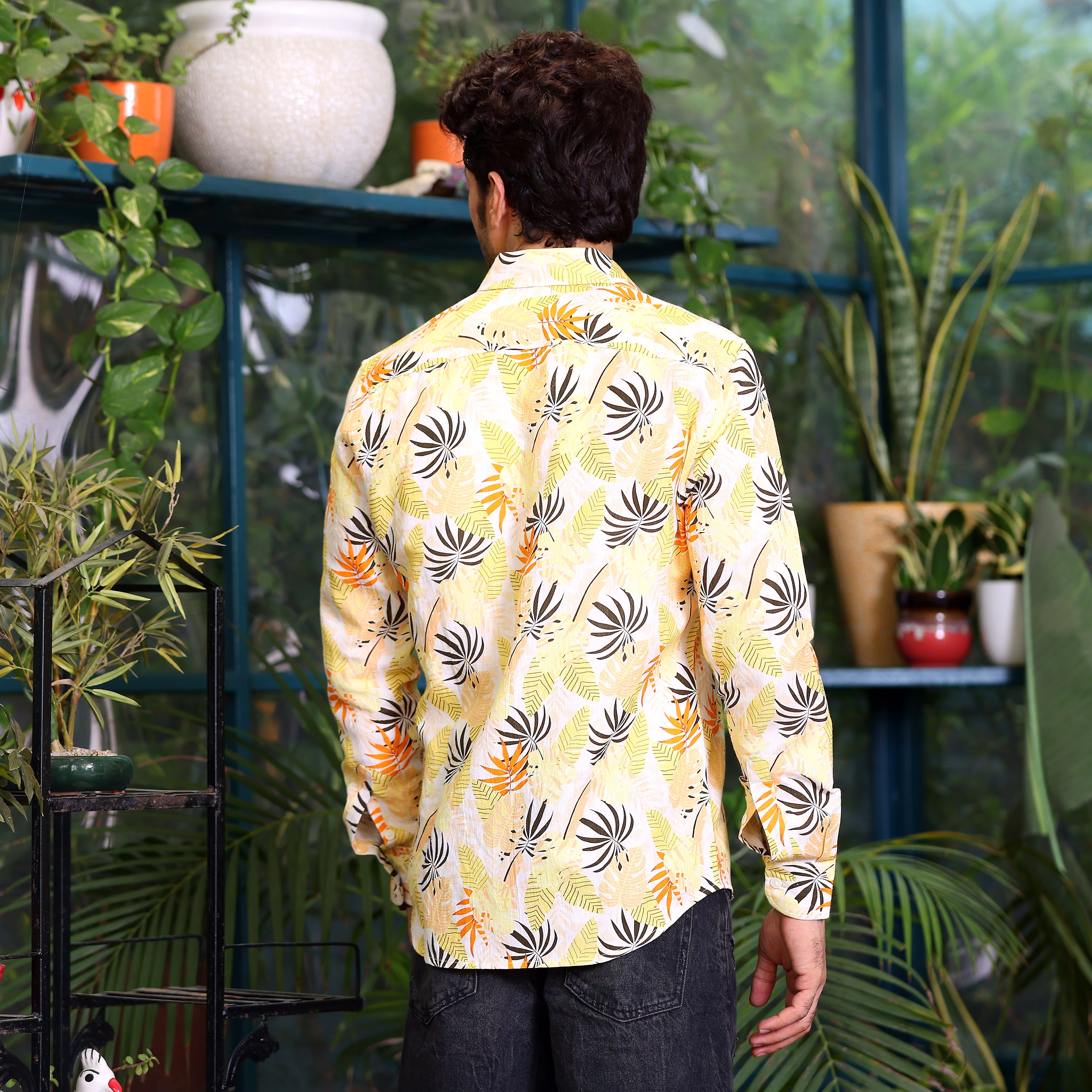 Philodendron Selloum Plant Lemon Casual Pure Linen Full Shirt image 4