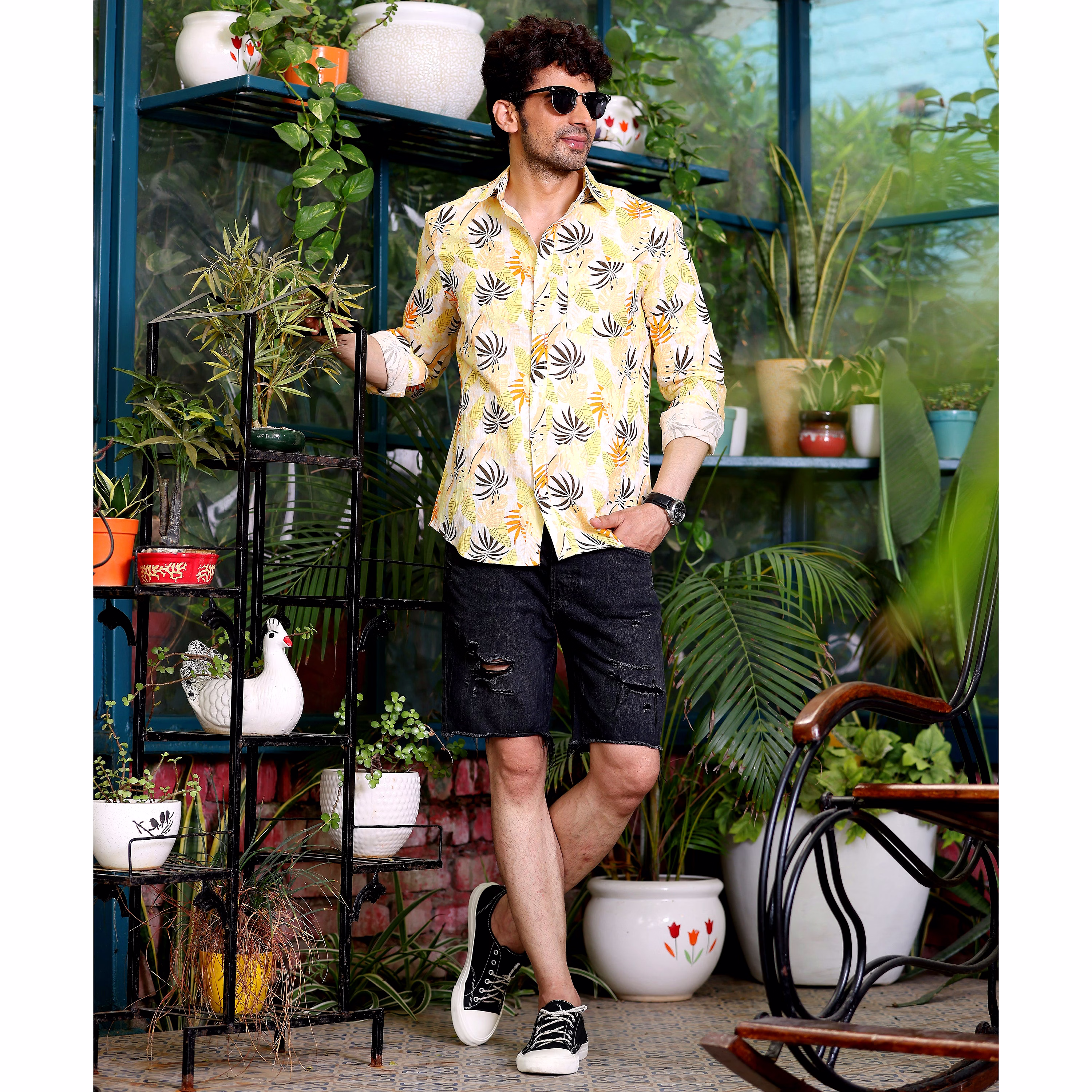 Philodendron Selloum Plant Lemon Casual Pure Linen Full Shirt image 5