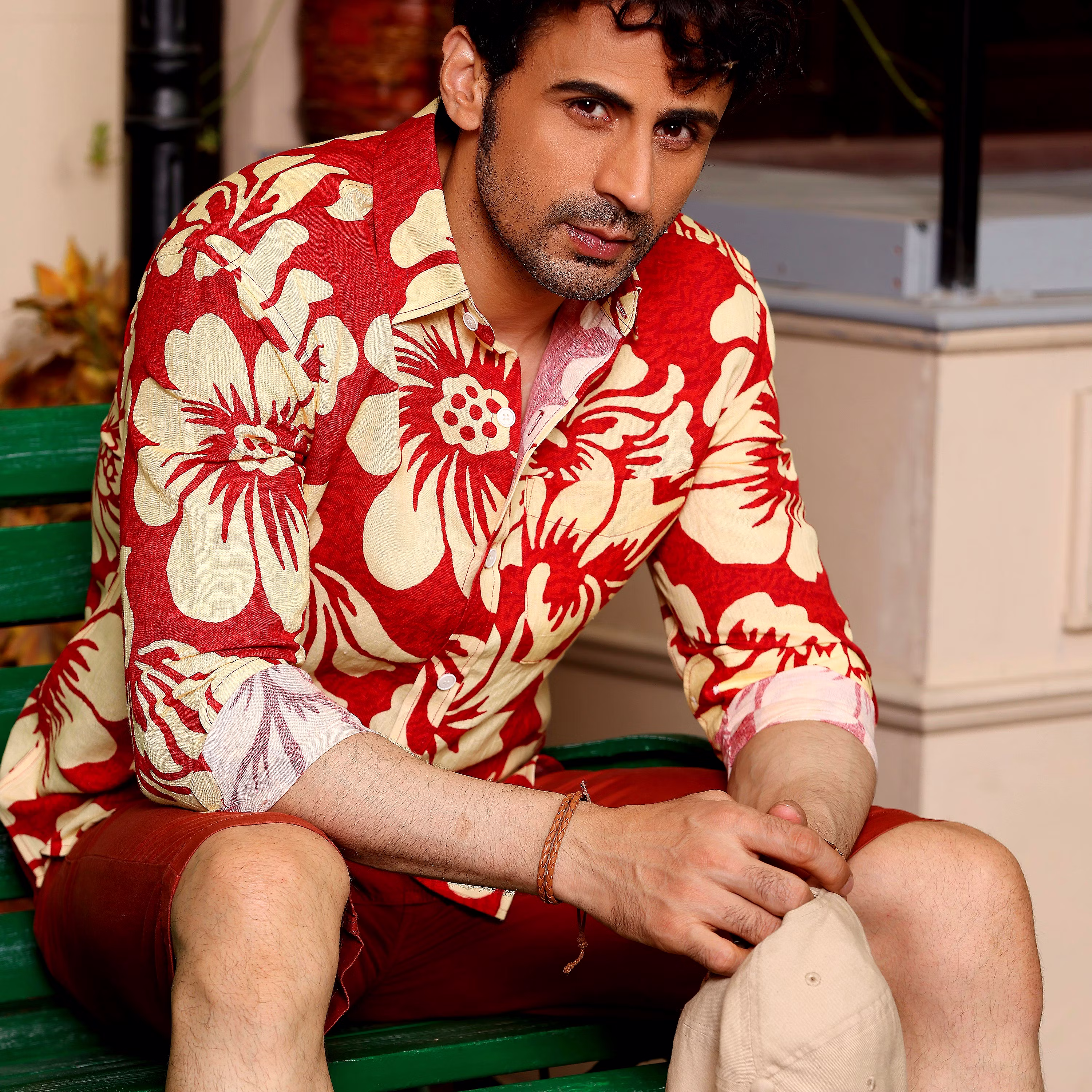 Chic Men Hibiscus Print Red Causal Pure linen Full Shirt (Size - S) by BLUE EAGLE 2025 at ShopCi