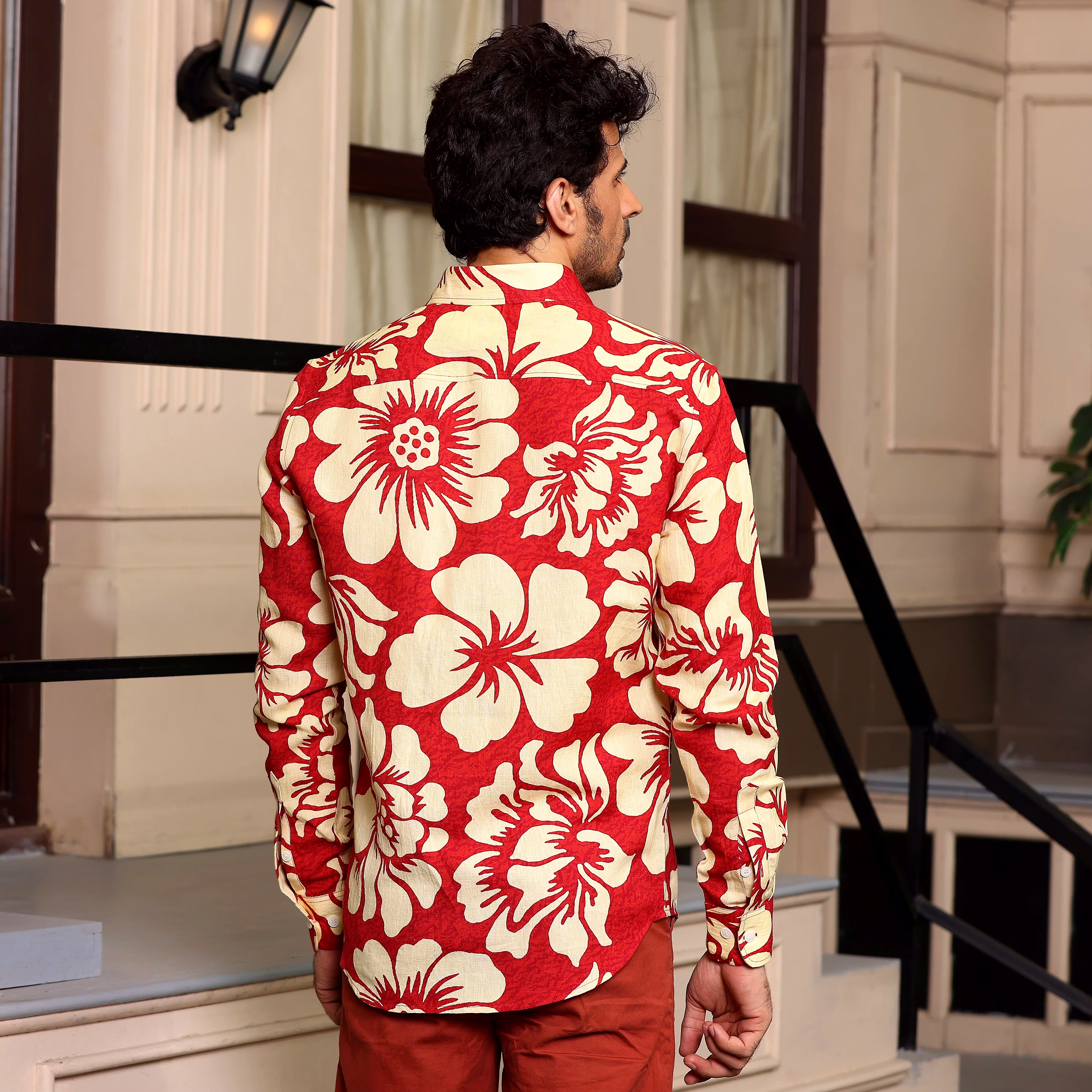Chic Men Hibiscus Print Red Causal Pure linen Full Shirt (Size - S) by BLUE EAGLE 2025 at ShopCi