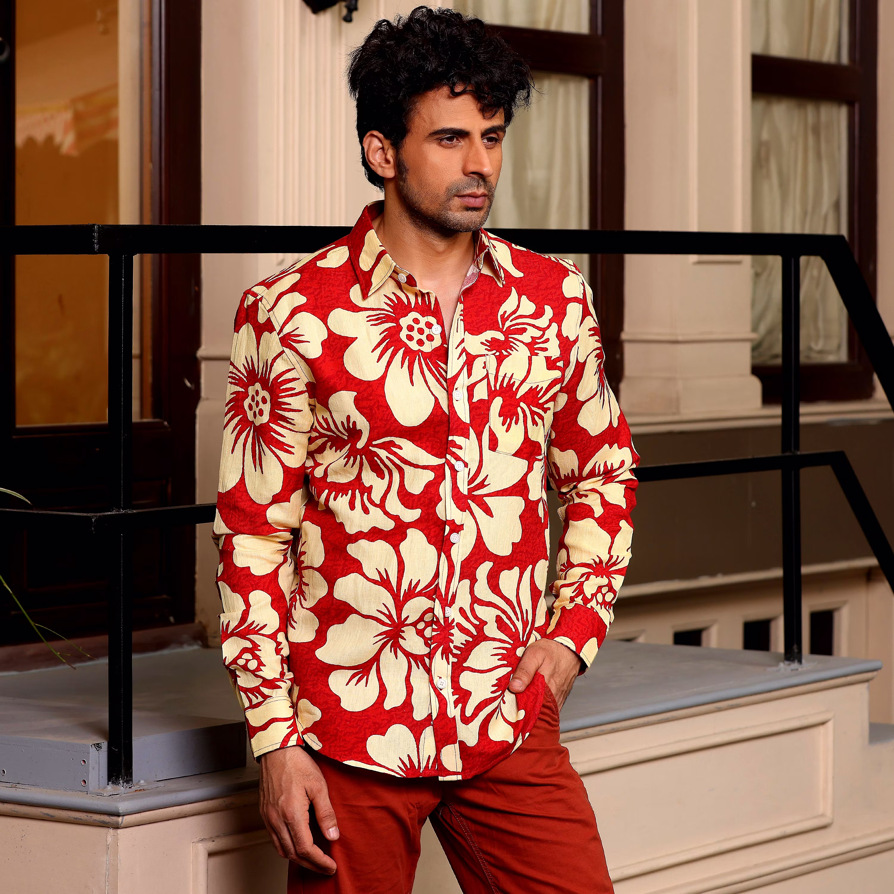 Chic Men Hibiscus Print Red Causal Pure linen Full Shirt (Size - S) by BLUE EAGLE 2025 at ShopCi