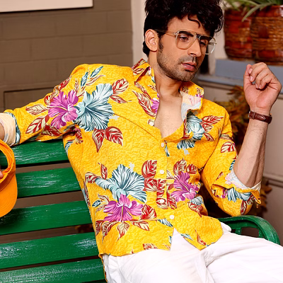 hibiscus flower sunglow yellow casual pure linen full shirt