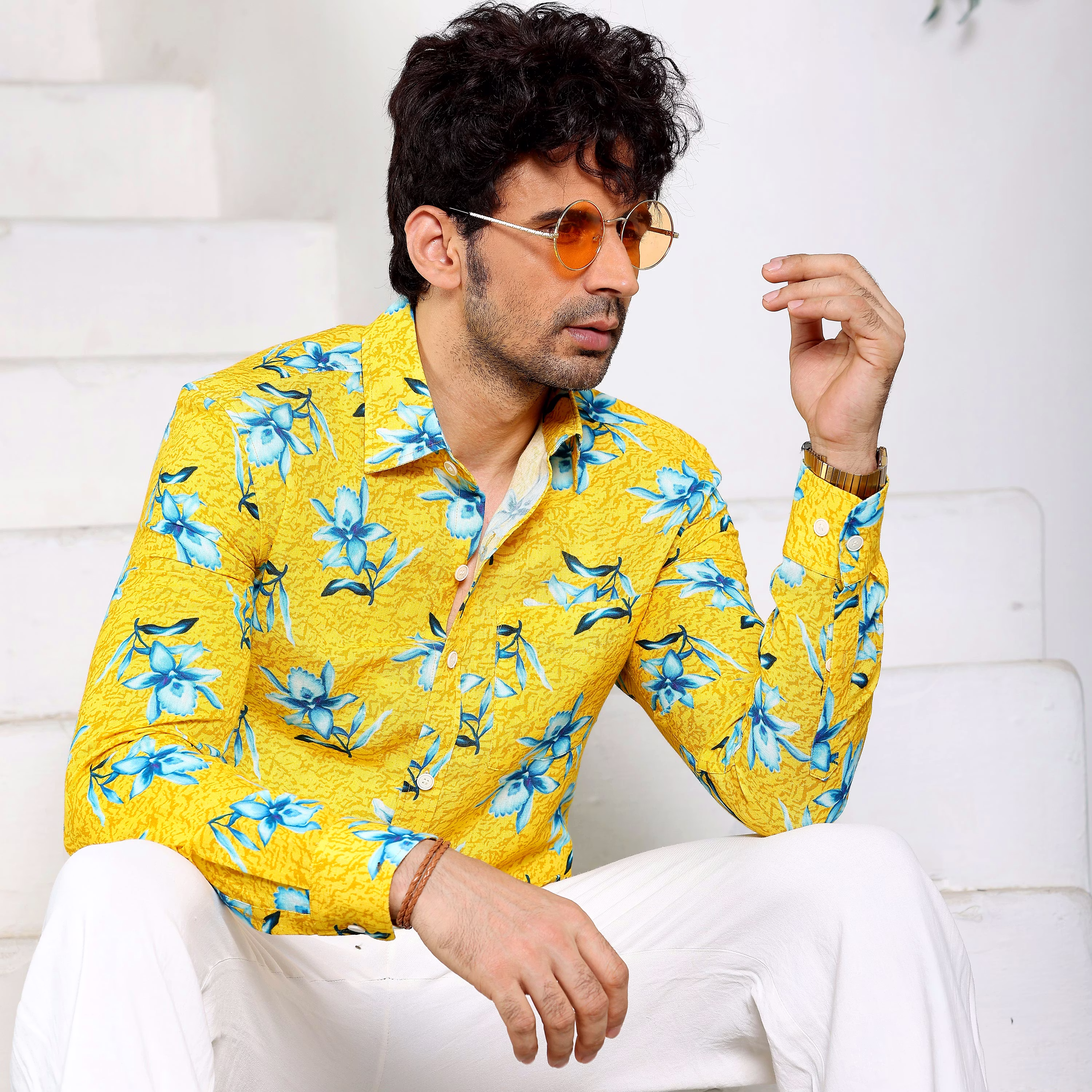 Elegant Men Aztec Lily Light Goldenrod Yellow Casual Pure Linen Full Shirt (Size - S) by BLUE EA