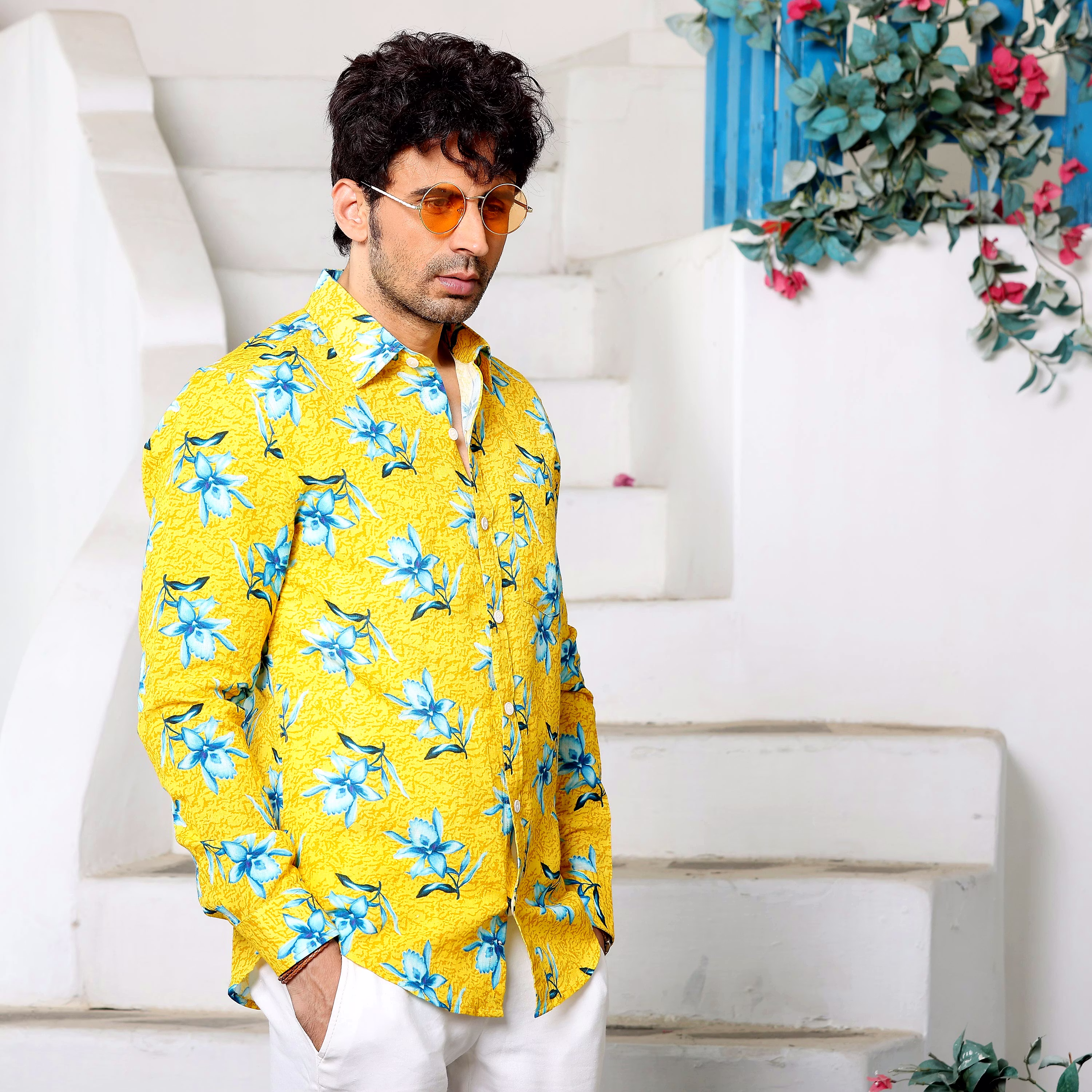 Elegant Men Aztec Lily Light Goldenrod Yellow Casual Pure Linen Full Shirt (Size - S) by BLUE EA