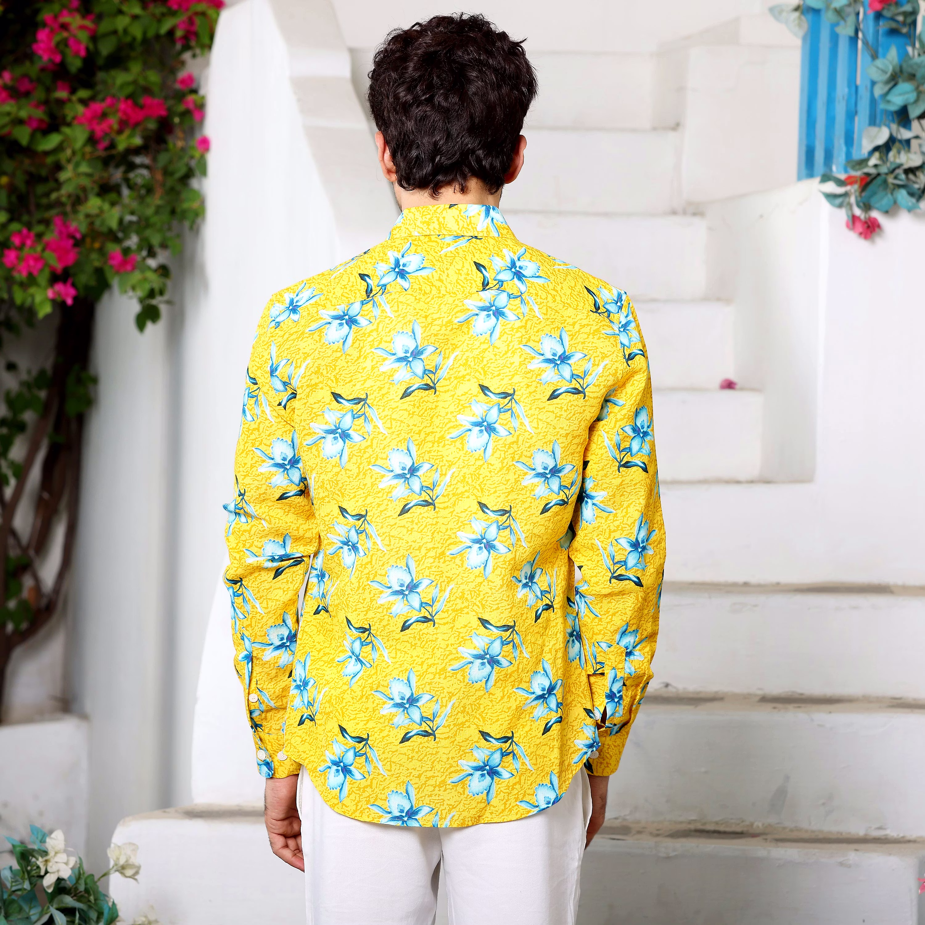 Elegant Men Aztec Lily Light Goldenrod Yellow Casual Pure Linen Full Shirt (Size - S) by BLUE EA