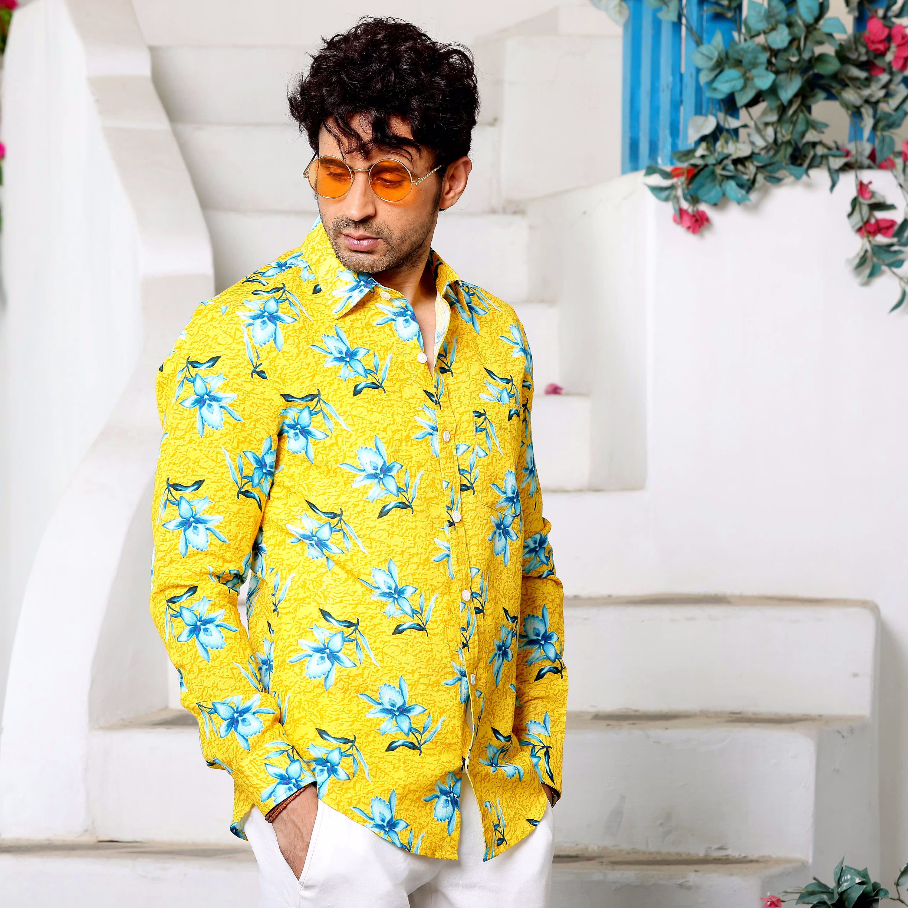 Elegant Men Aztec Lily Light Goldenrod Yellow Casual Pure Linen Full Shirt (Size - S) by BLUE EA