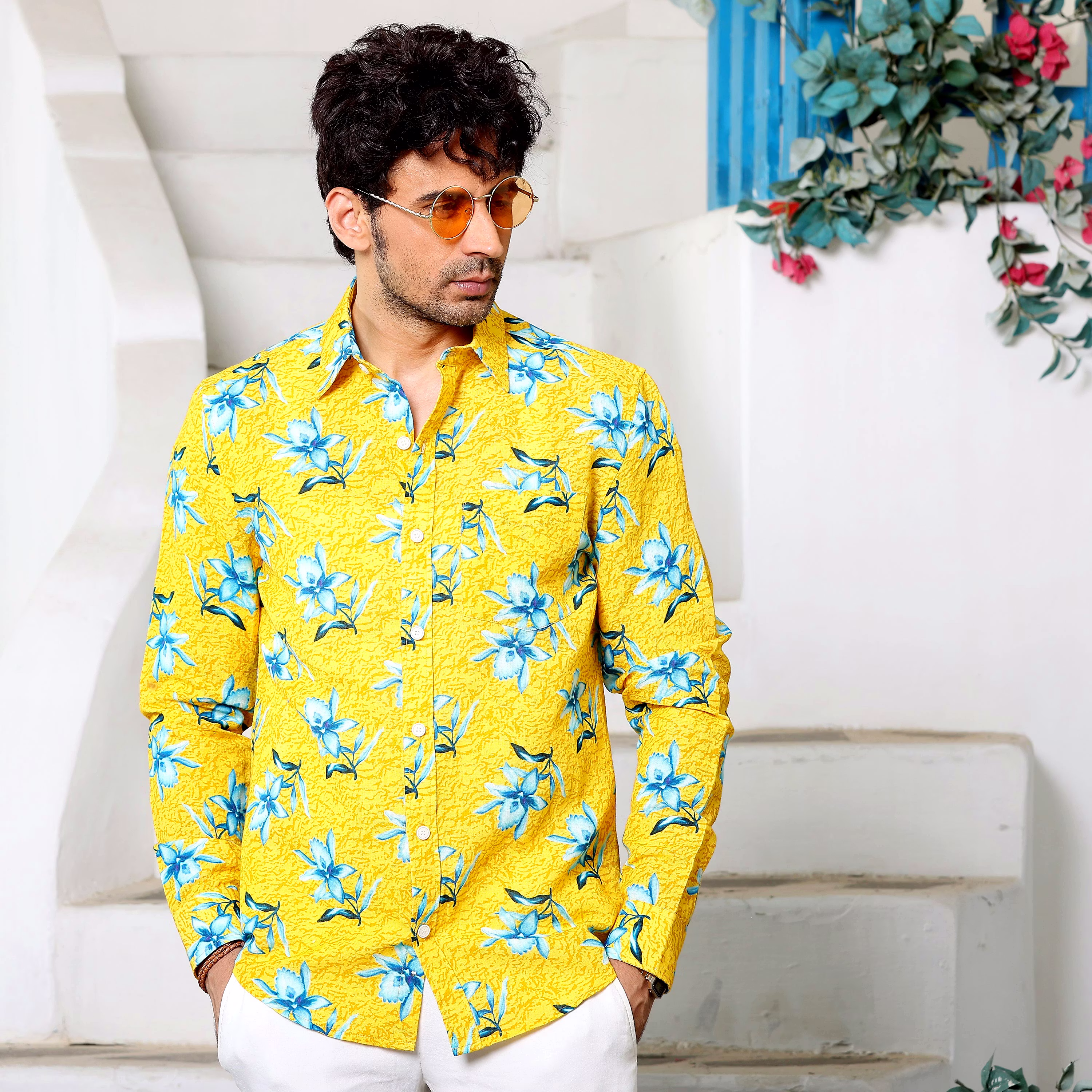 Elegant Men Aztec Lily Light Goldenrod Yellow Casual Pure Linen Full Shirt (Size - S) by BLUE EA