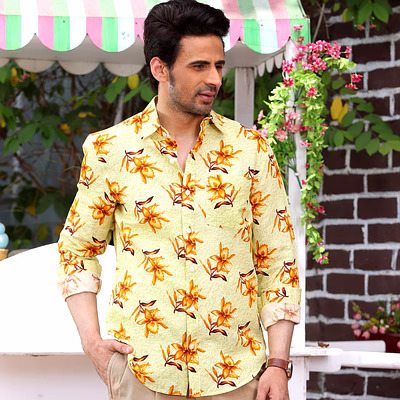 aztec lily cream print casual pure linen full shirt