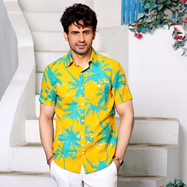 coconut tree cyber yellow casual pure linen half shirt