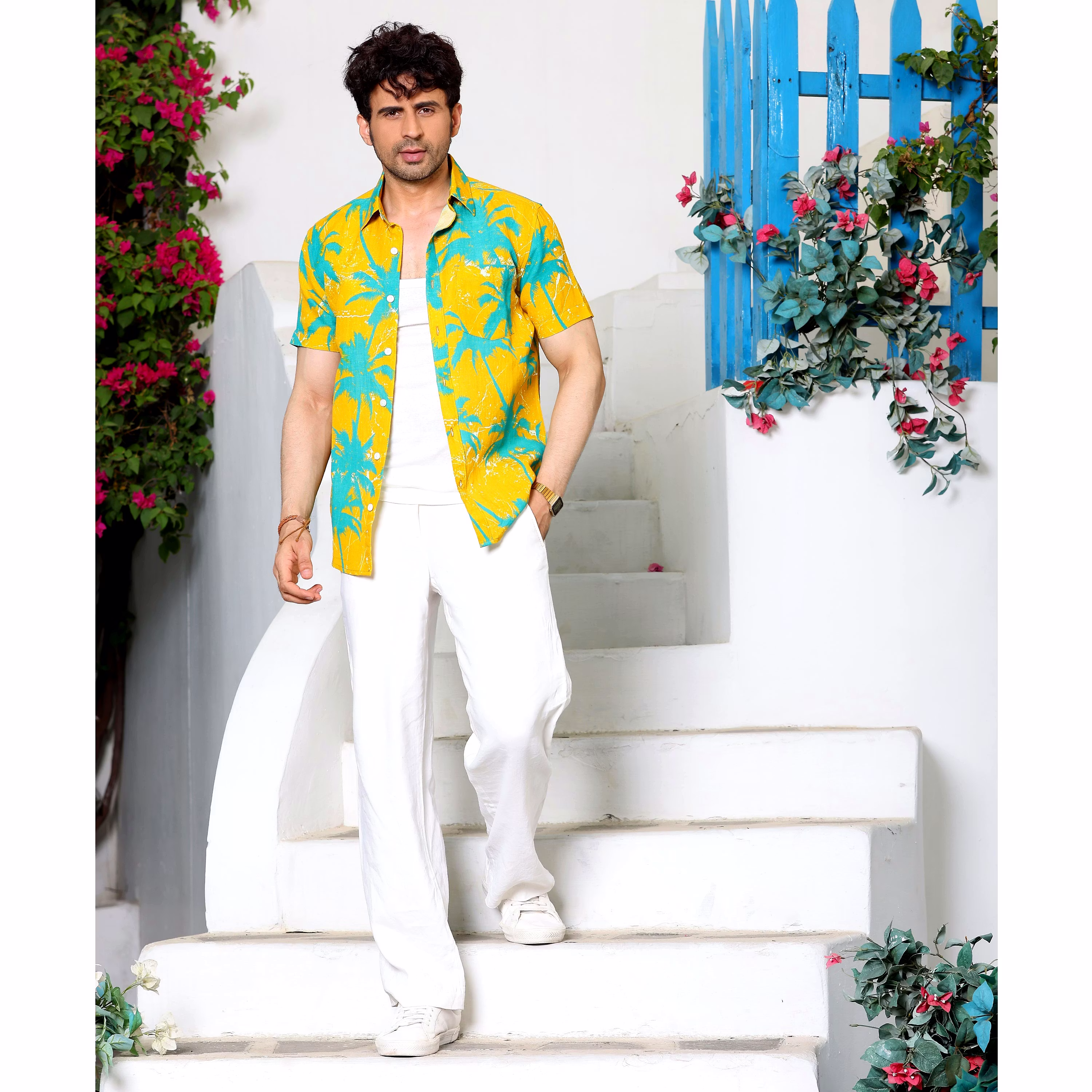Best Men Coconut Tree Cyber Yellow Casual Pure Linen Half Shirt (Size - S) by BLUE EAGLE 2025 at