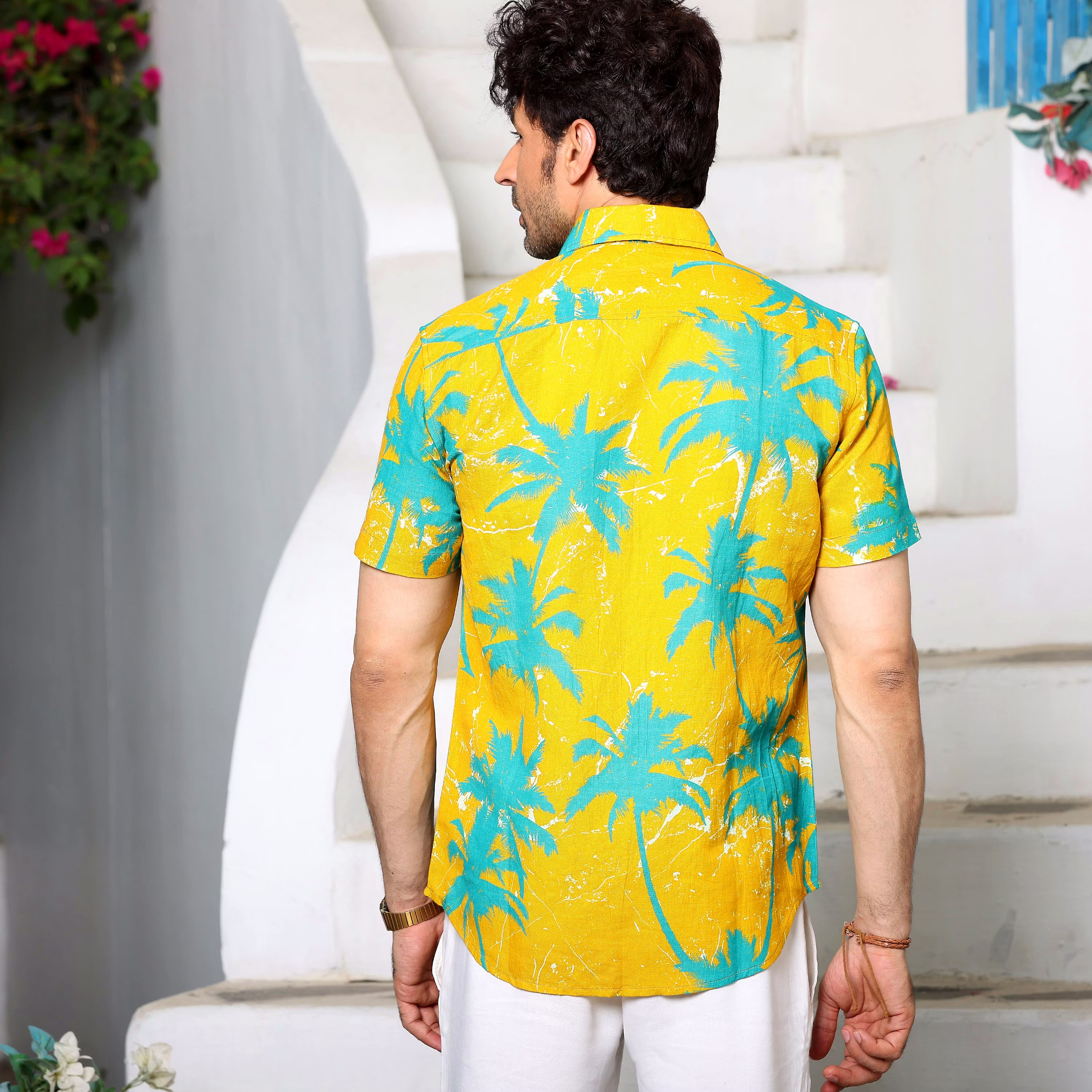 Best Men Coconut Tree Cyber Yellow Casual Pure Linen Half Shirt (Size - S) by BLUE EAGLE 2025 at