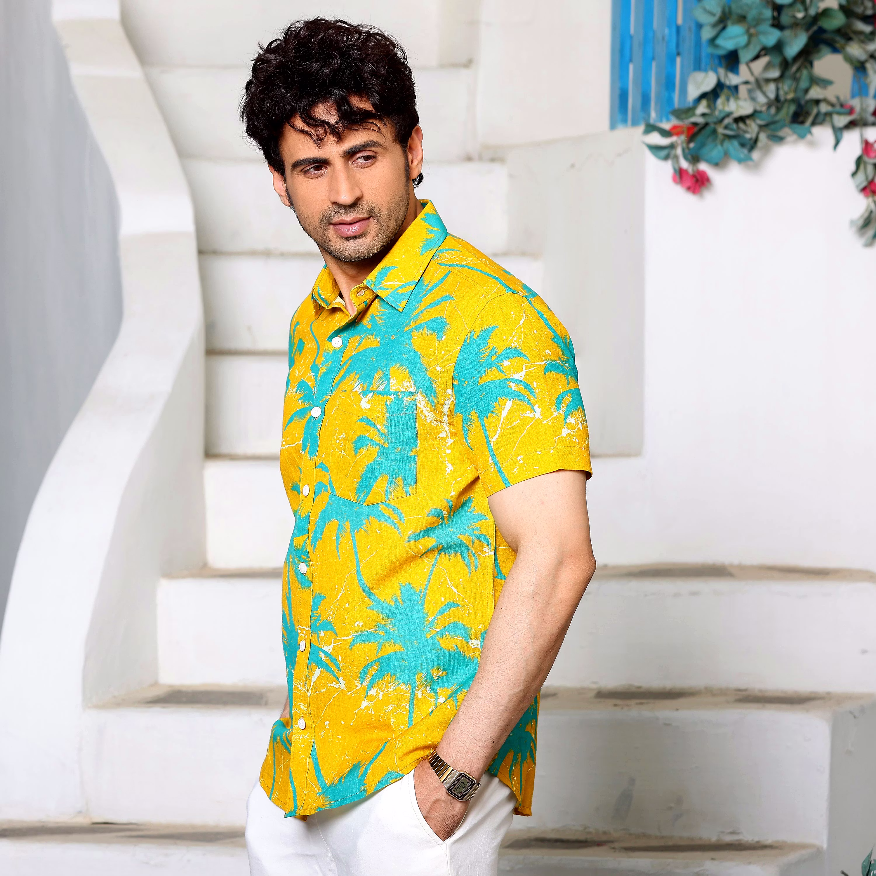 Best Men Coconut Tree Cyber Yellow Casual Pure Linen Half Shirt (Size - S) by BLUE EAGLE 2025 at