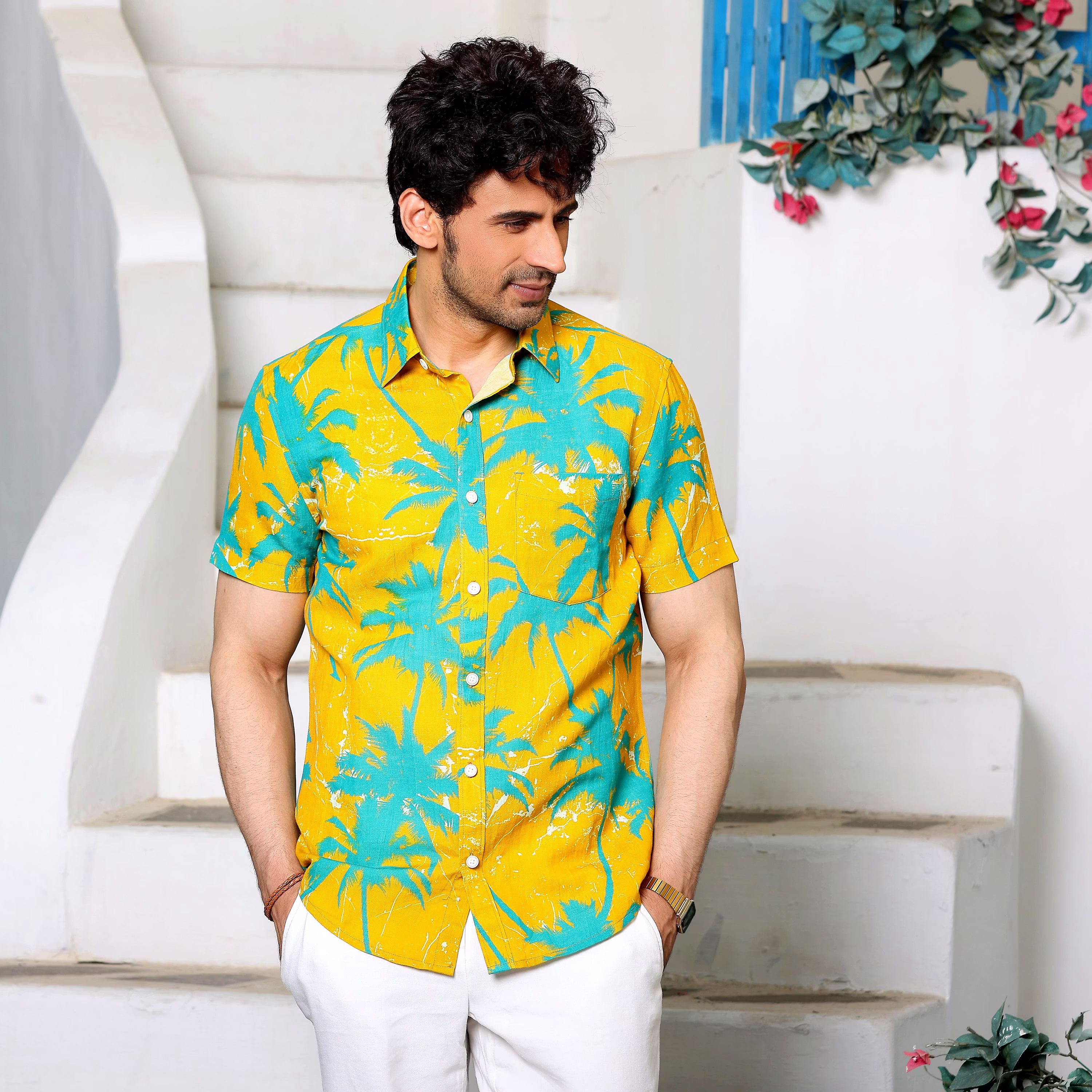 Best Men Coconut Tree Cyber Yellow Casual Pure Linen Half Shirt (Size - S) by BLUE EAGLE 2025 at