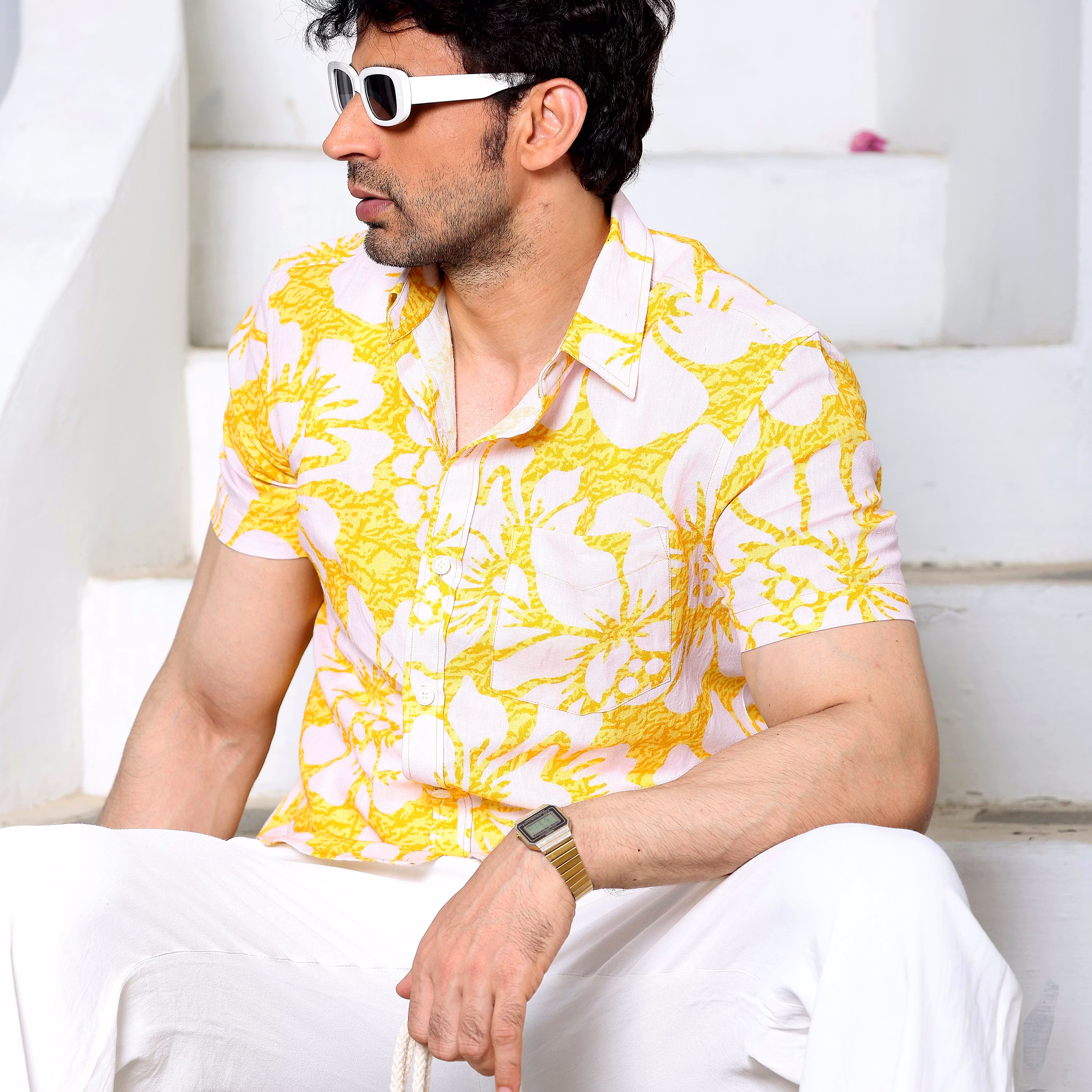 Latest Men Hibiscus Pineapple Yellow Casual Pure Linen Half shirt (Size - S) by BLUE EAGLE 2025 