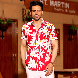 lily flower red casual pure linen half shirt