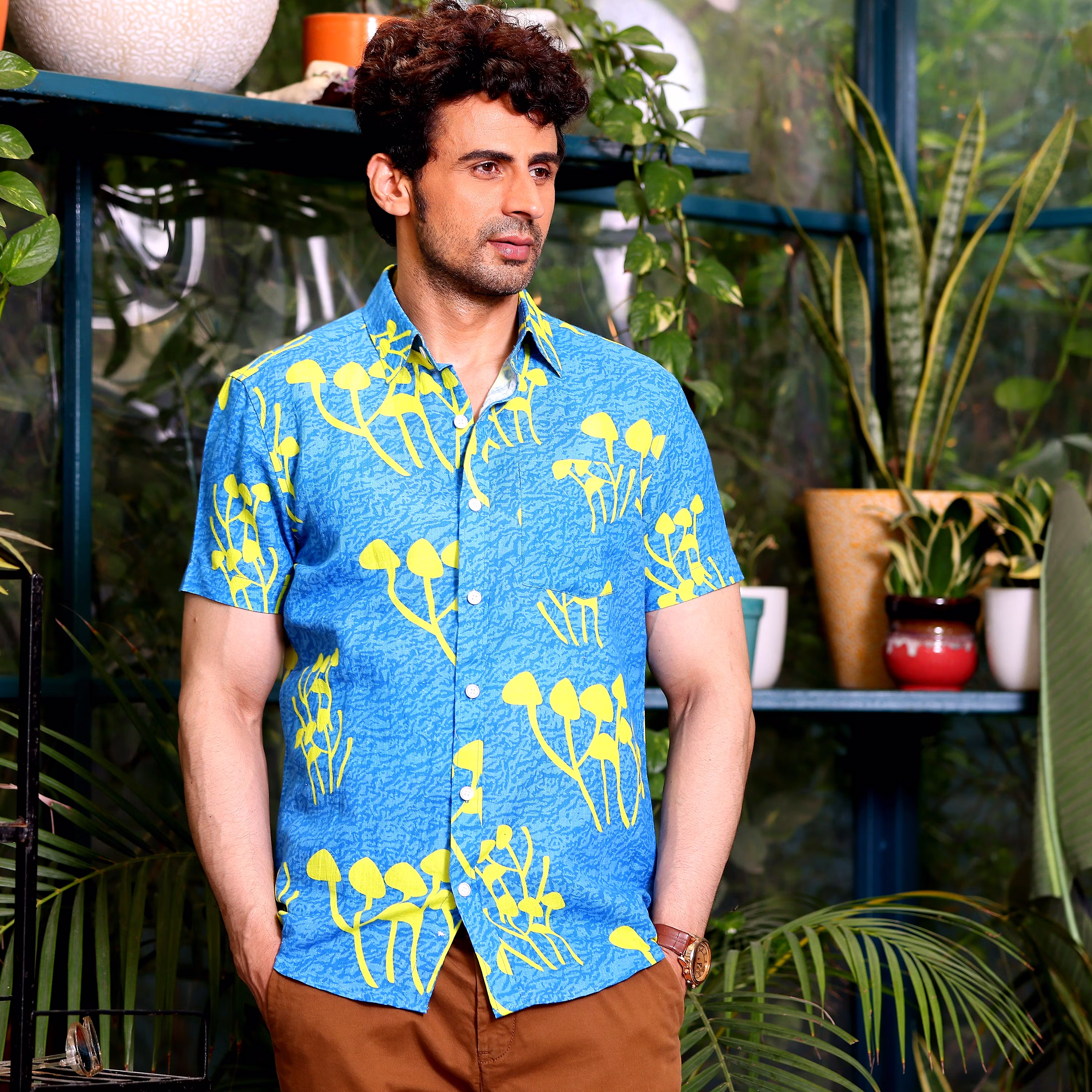 Best Men Mushroom Bunch Ocean Blue Casual Pure Linen Half Shirt (Size - S) by BLUE EAGLE 2025 at